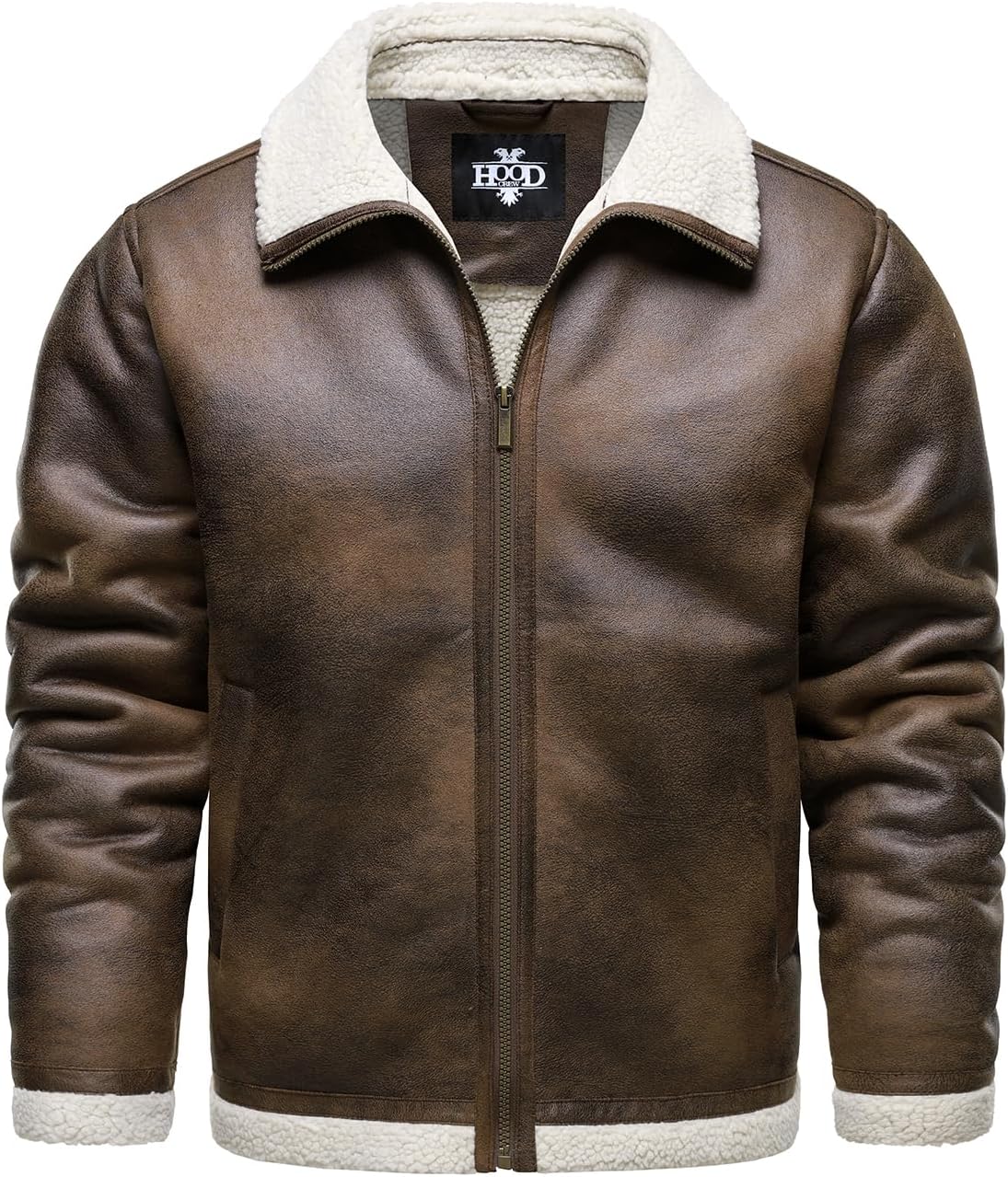 HOOD CREW Men’s Vintage Distressed Jacket Winter Warm Faux Shearling Leather Bomber Jackets Motorcycle Biker Coats - Image 2