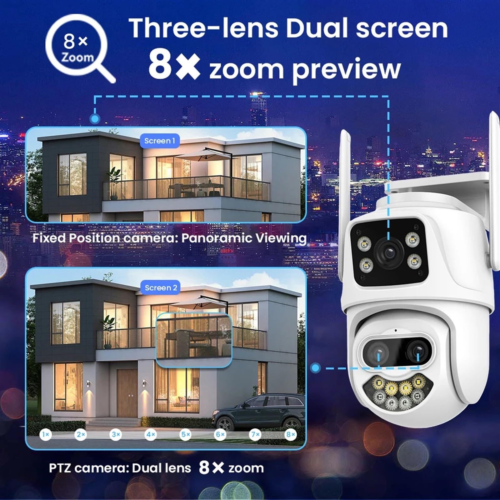 Telecamera di Sicurezza Esterna Telecamera 9MP for Esterni Zoom 8X Tre Lenti Doppio Schermo Audio Sicurezza Domestica PTZ Monitoraggio Automatico Video sorveglianza CCTV(3 Lens Cam ADD 128G)