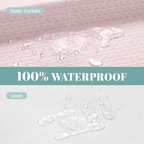 Miniatura 6 de BlushPink - Cortina de ducha sin gancho con forro de repuesto a presión, tela impermeable de 230 GSM, juego de cortina de ducha para hotel, para