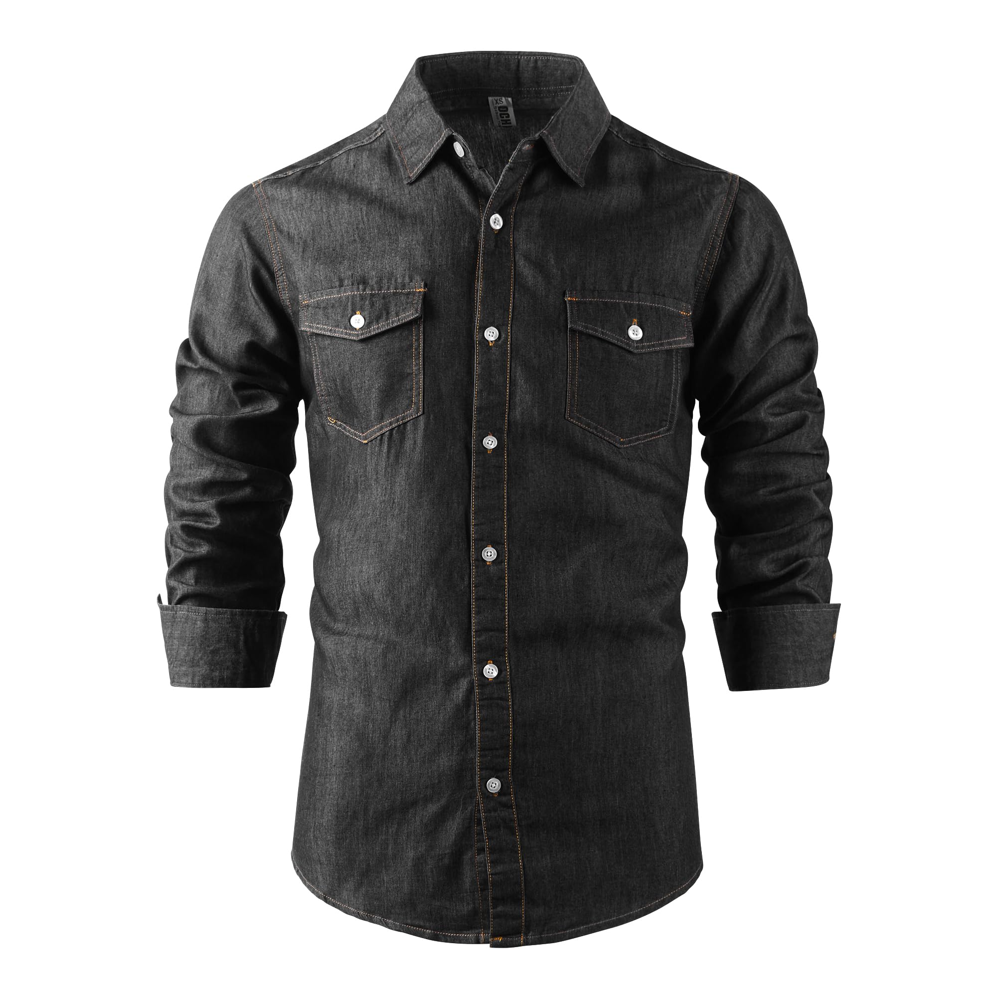 Camicia da uomo in denim misto cotone leggero western cowboy camicia manica lunga casual camicie da lavoro, Nero , 3XL