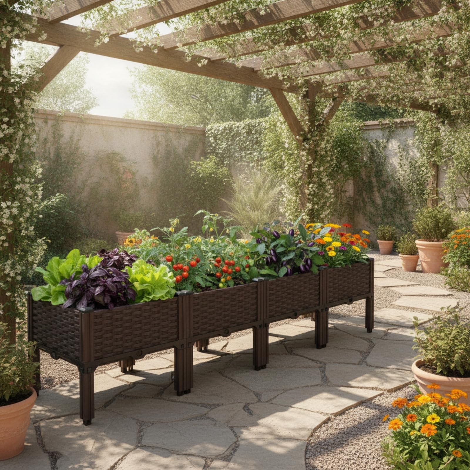 predolo Jardinera Plástico con Autorriego Macetero Rectangular con Patas Modular Jardinera Patas para Jardineros, Principiantes, 160 40 52 Cm, Caja Extra Profunda De 4 Unidades