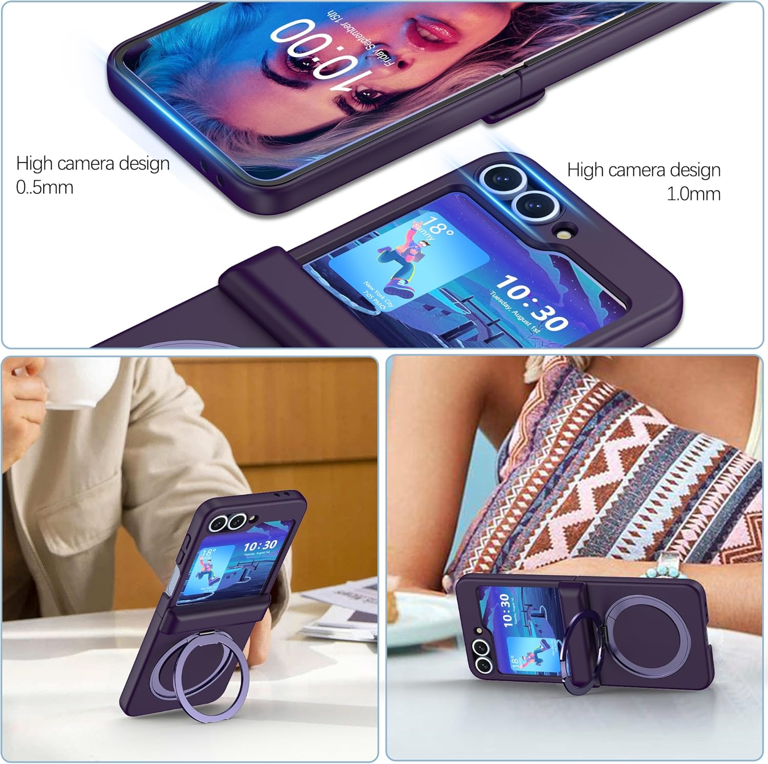 Designed for Samsung Galaxy Z Flip 6/5 Case Magnetic with Hinge Protection & Screen Protector & Kickstand [Compatible with MagSafe],Slim Protective Phone Case Cover (Dark Purple)