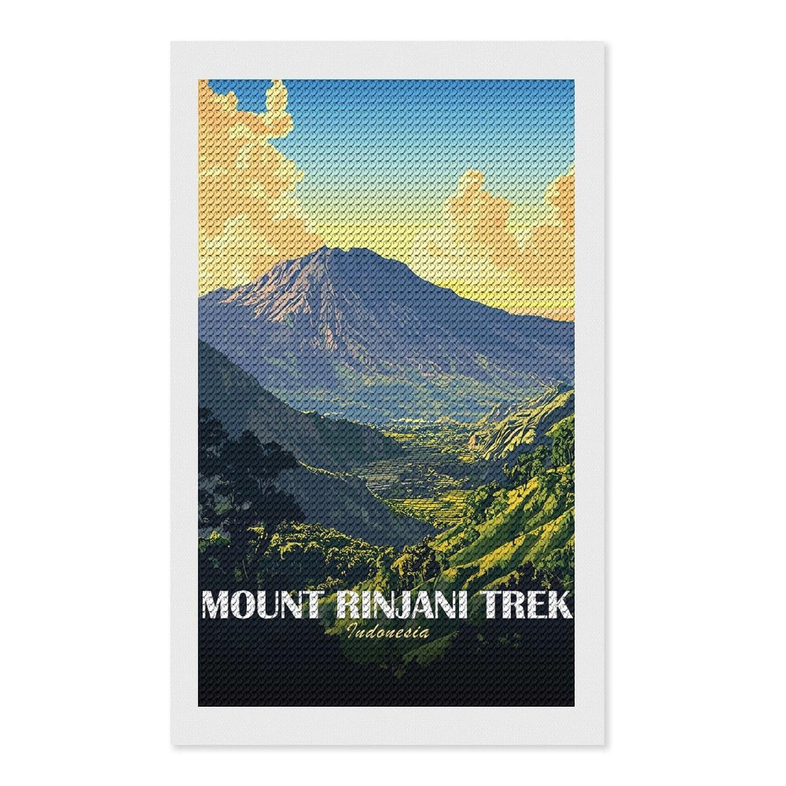 Junmoney Mount Rinjani Trek Indonesia Landscape Art Diamond Painting Canvas Set 12"x20", Easy to Enjoy, Adhesive Canvas, Office Decor, Holiday Gift Idea, with Tool Kit