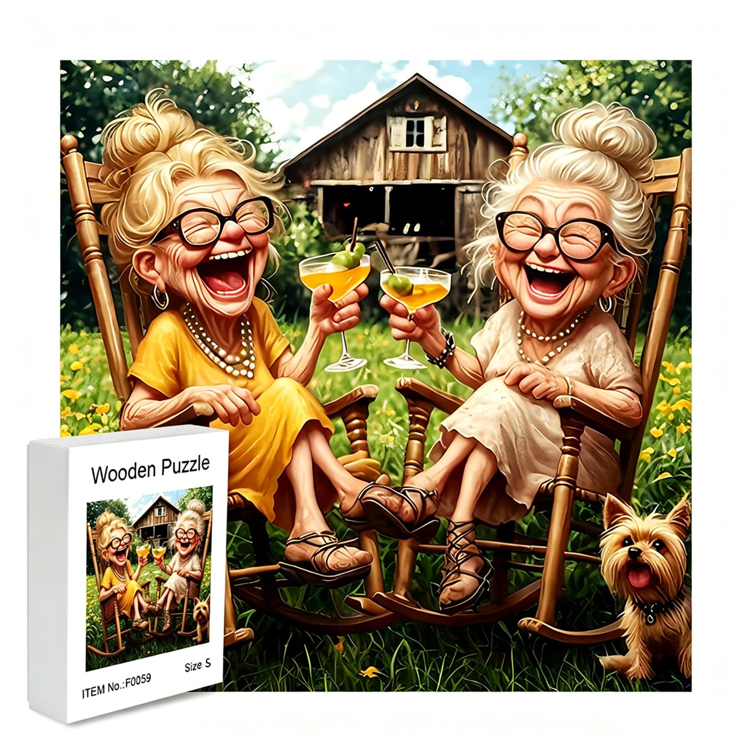 Kymo Funny Old Ladies Wooden Jigsaw Puzzle for Adults, Whimsical Art Wood Puzzle, Challenging Irregular Jigsaw for Home Decor & Leisure (F59-S)
