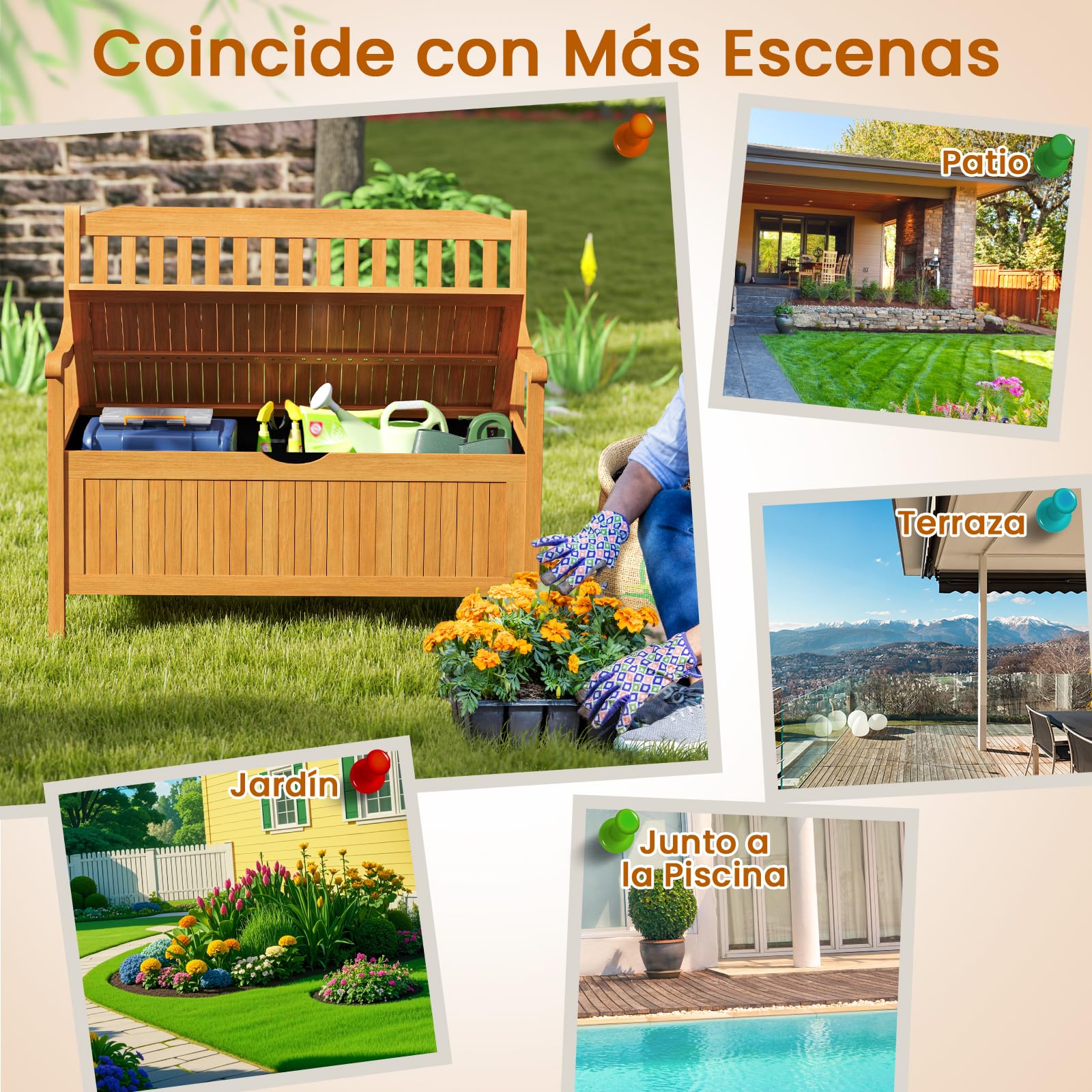 COSTWAY Banco Madera Acacia para Exterior, Banco Jardin Exterior con Almacenamiento, Banco Arcón para Entrada con Revestimiento, Banco de Madera para Patio Jardín 107 x 59 x 107cm (Con Almacenamiento)