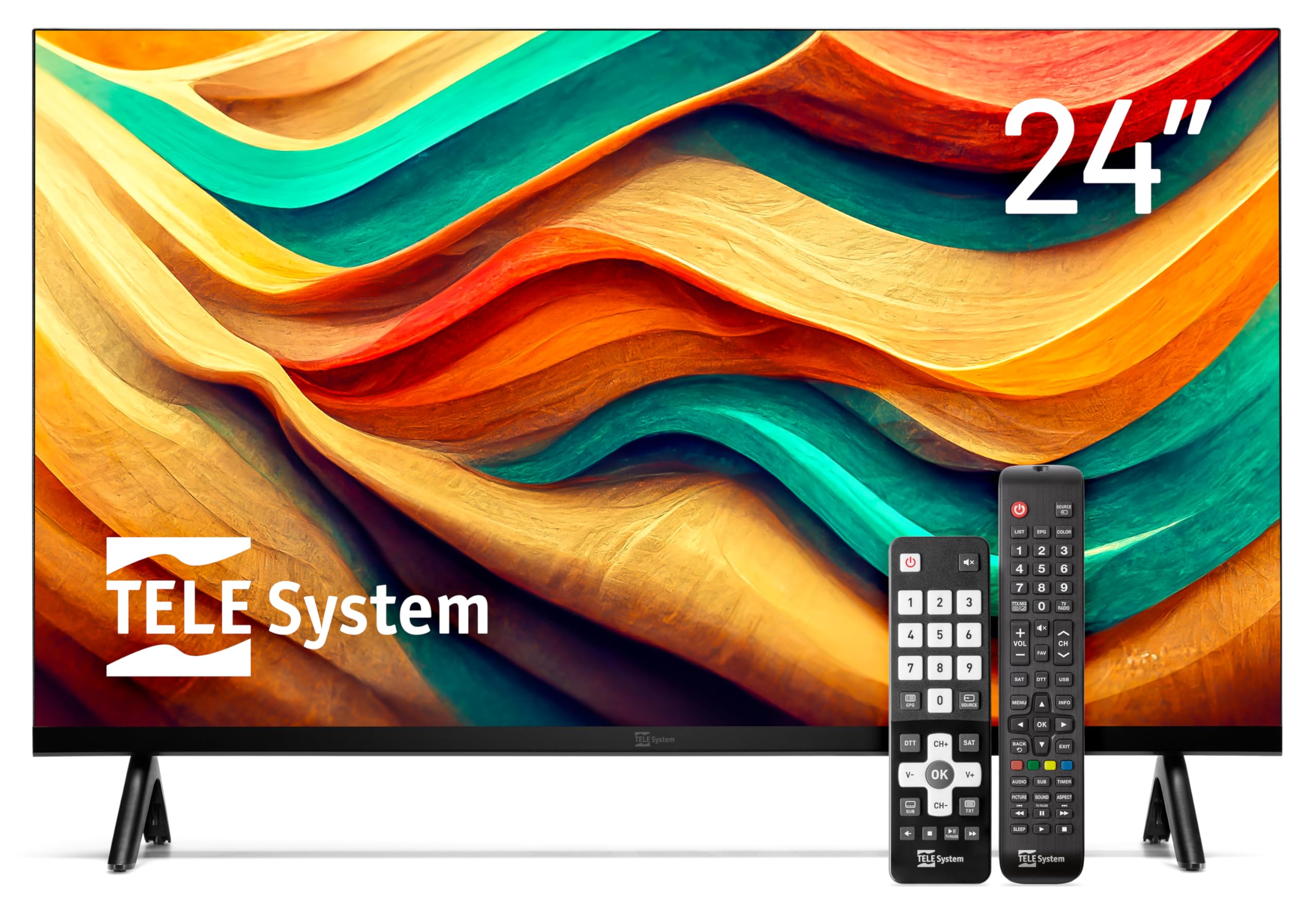 TELE System TS24LS15 TV 24'' Ready con DVB-T2/S2 HEVC 10bit, Compatibile CAM tivùsat, USB Media Player, TV Pause, Hotel Mode, Doppio Telecomando (Standard + Easy), LED 24 Pollici per Casa, Hotel e B&B
