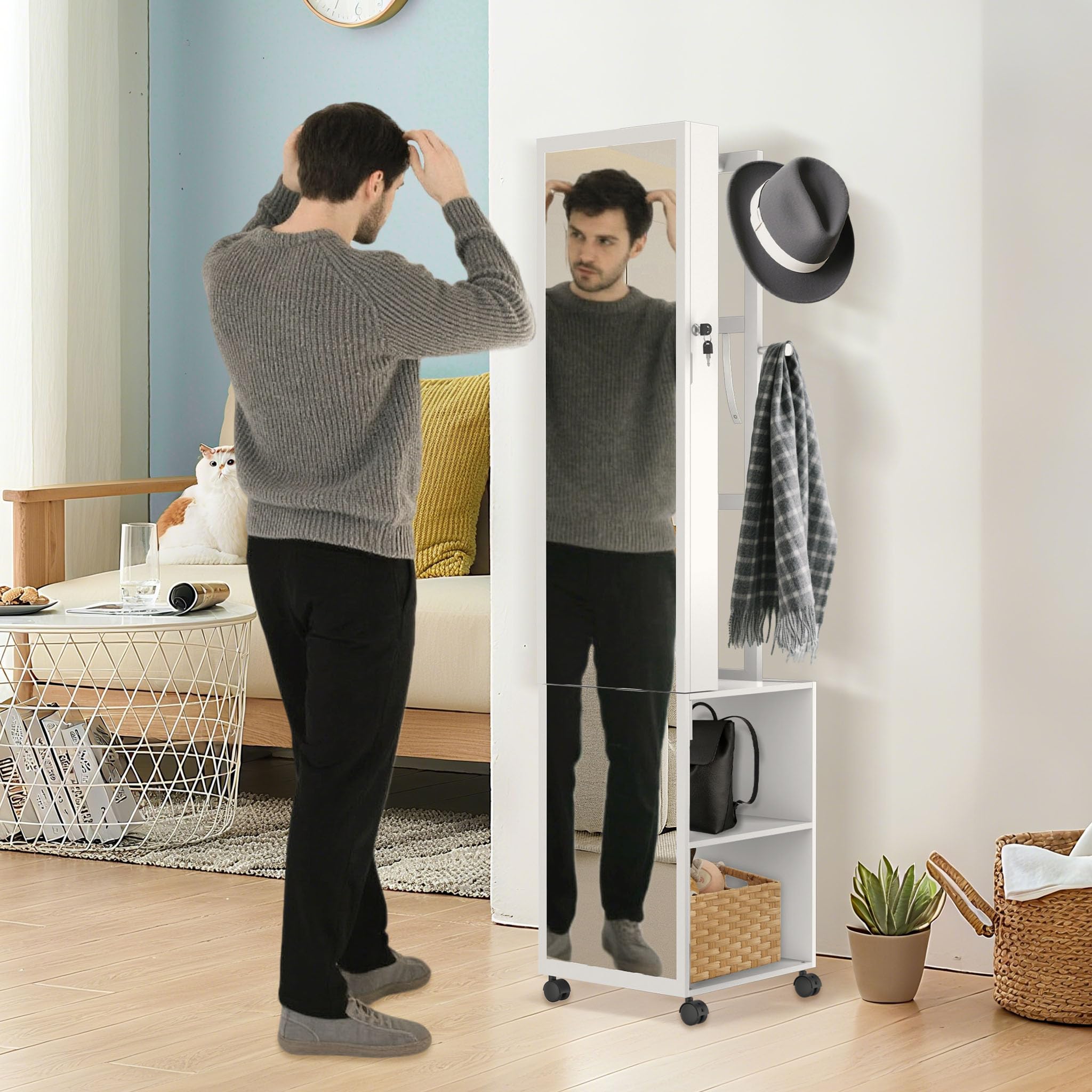 LZQ Schmuckschrank mit Spiegel und LED-Leuchten Spiegelschrank Abschließbar Schmuckorganisator mit Rädern und Ablagen 3-in-1 Schmuckaufbewahrung Schmuck-Organizer, 36 x 40 x 170 cm, Weiß