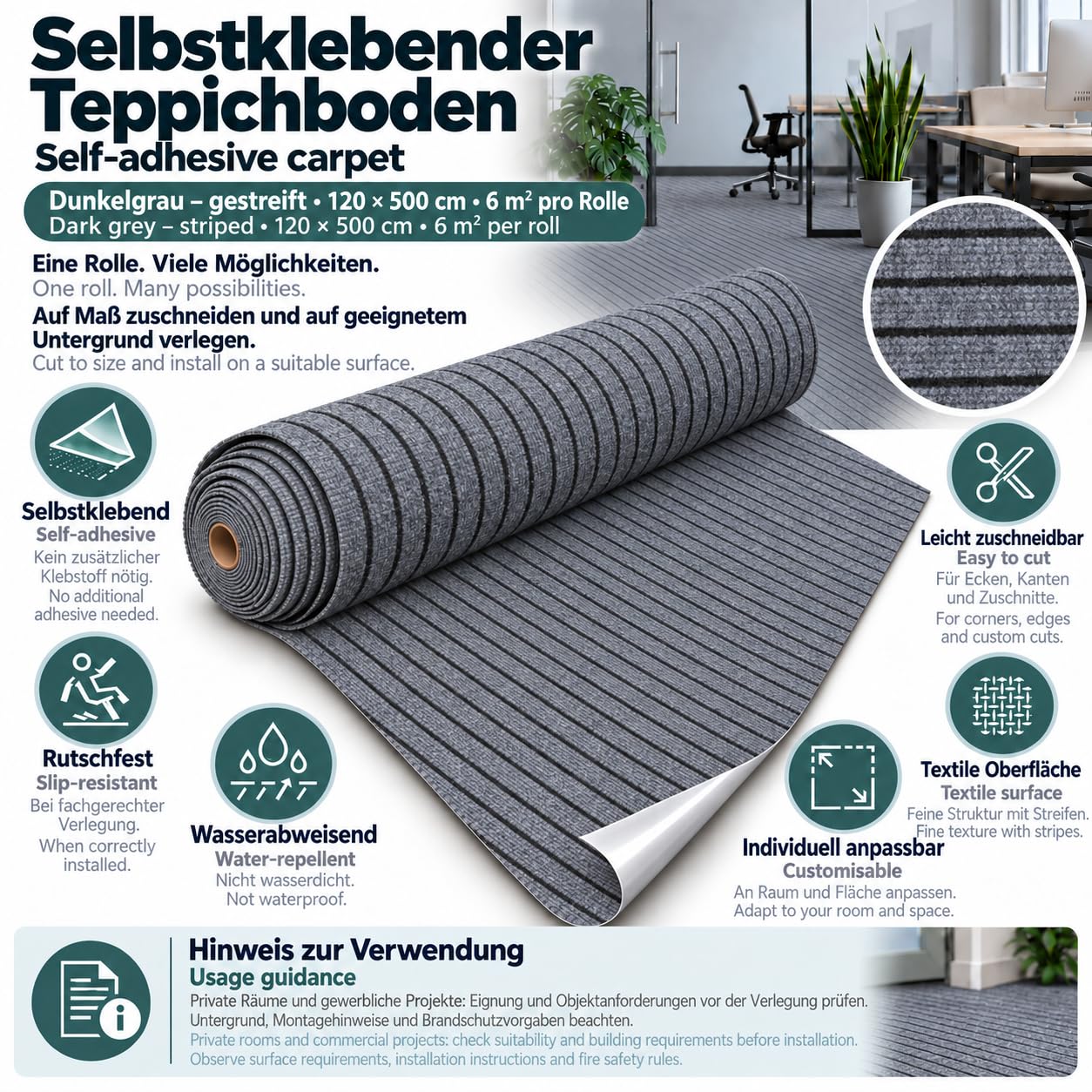 Selbstklebender Teppichboden 6 m² – 120×500 cm Teppich Rolle, 5 mm stark, geruchslos, schnell verlegbar, Bodenbelag für Wohnzimmer, Büro, Kinderzimmer (Slats Grau