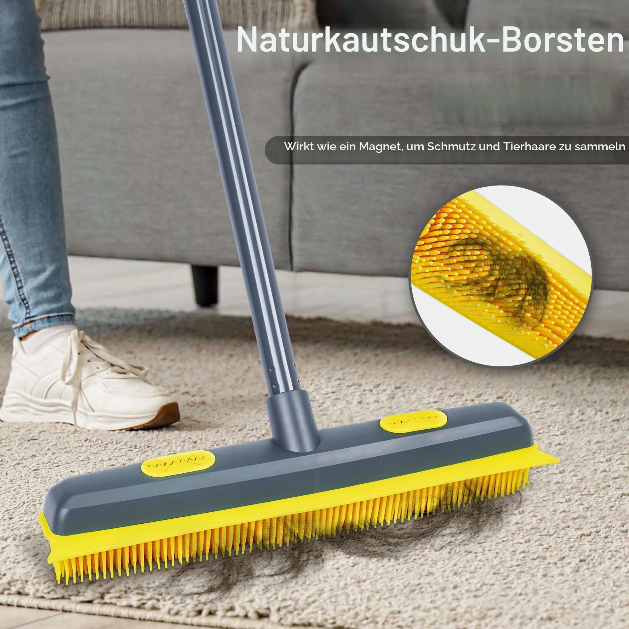 NEWE 3 en 1 Gummibesen mit Stiel 146 cm, Besen Gummiborsten mit Abzieher und Tragbarer Fusselentferner Entfernen von Tiere Katzen Hunde Haare Applicable à la Moquette, aux fenêtres, aux sols carrelés