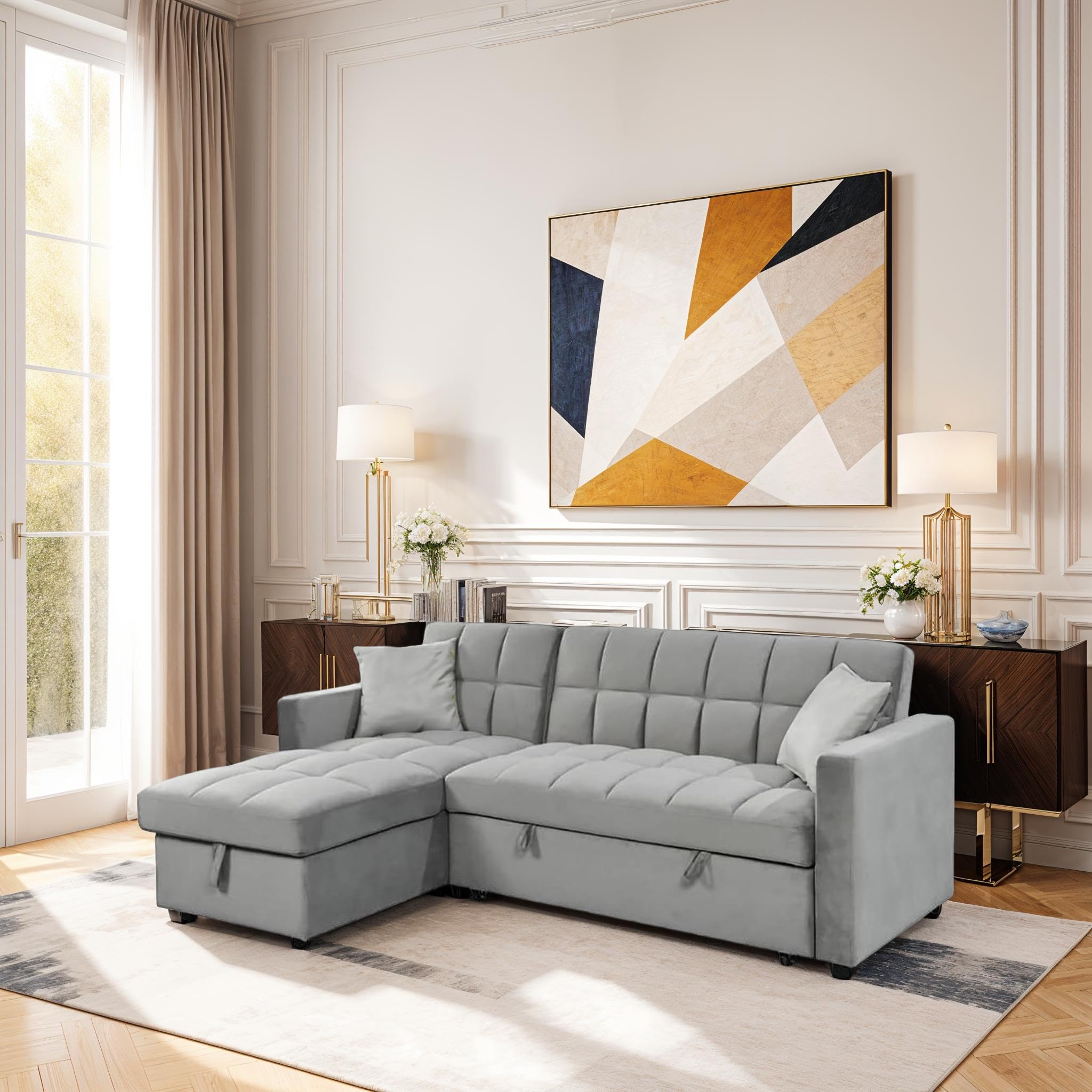 Sofá Cama Chaise Longue 210x145 cm - Chaise Longue Reversible Ambos Lados con Arcón, Sofa Rinconera con Sistema de Arrastre, Armazón de Pino Macizo - Gris Terciopelo