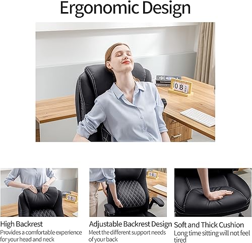 Miniatura 4 de DYHOME Silla de oficina con respaldo alto, soporte lumbar ajustable, brazos abatibles, de cuero negro, ergonómico, grande y alto, para oficina en