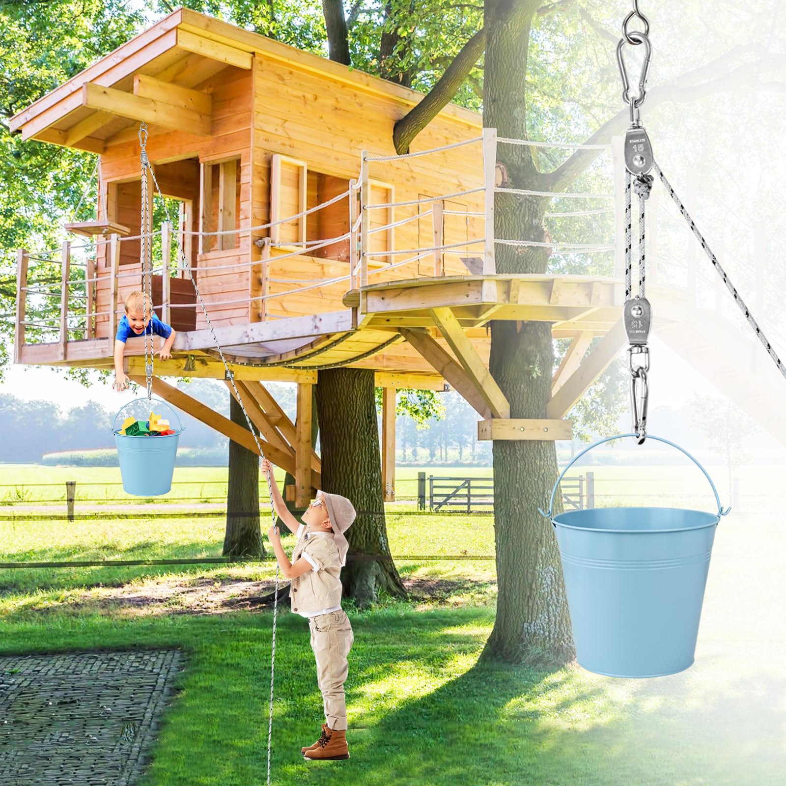 FORMIZON Poulie Enfants, Poulie avec Seau en Métal, Système de Poulie pour Enfants et Seau Pliable, Accessoires pour Cabane dans Les Arbres et Tour de Jeu, Jouets de Jardin pour Enfants de 3+ (Bleu)