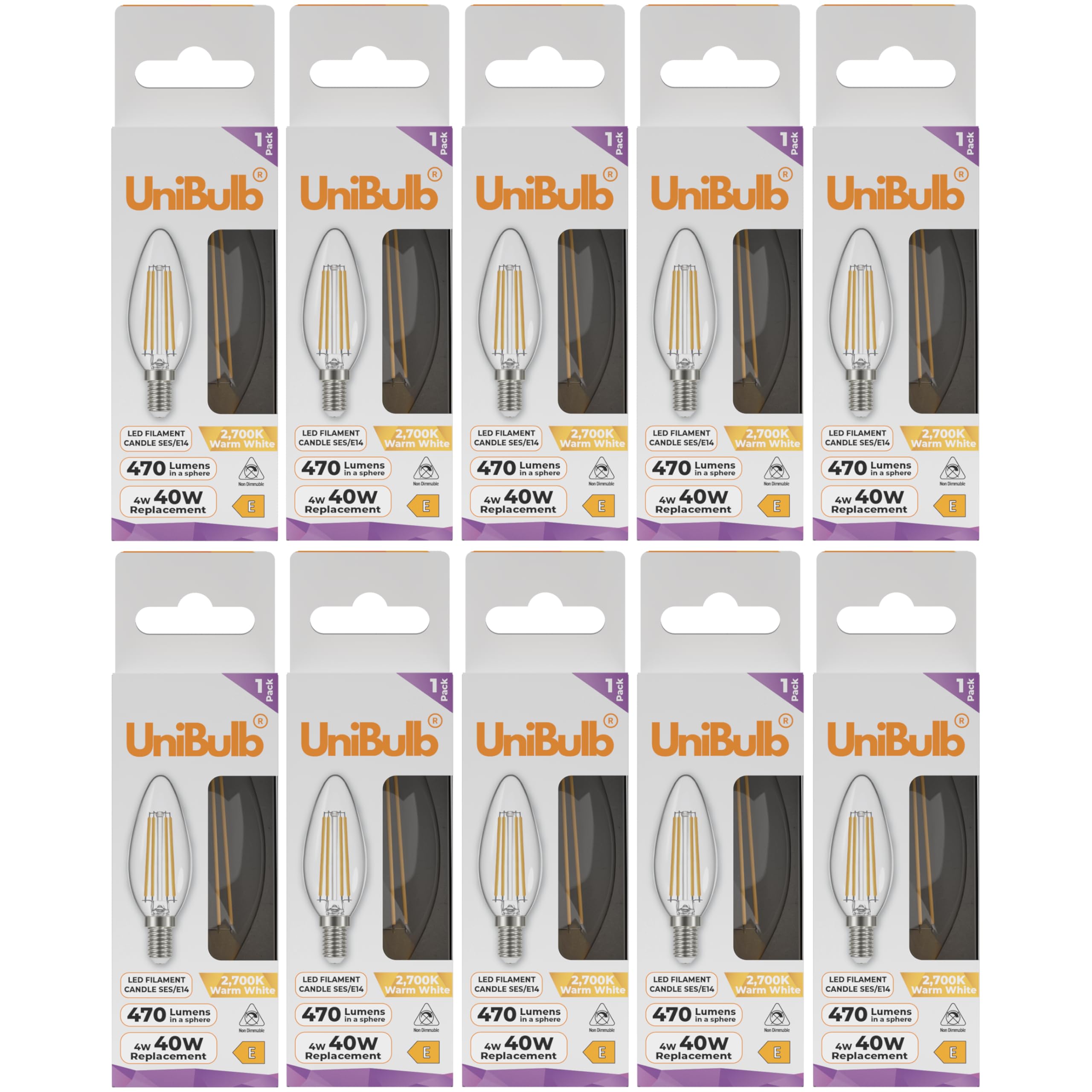Unibulb E14 Filament LED Candle Light Bulb, 470lm, 4W, 2700K (Warm White), Replaces 40W, Small Edison Screw (SES), Non-dimmable, 25yr Lifespan (10)