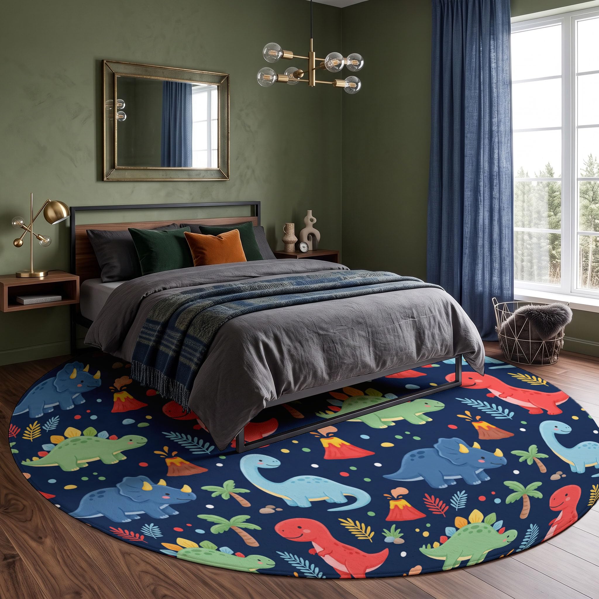 Tapis Rond Lavable Dinosaures Volcans Plantes 120cm | Tapis Animaux De Dessin Animé Mignons Antidérapants Salon Lavable en Machine pour pour Salle à Manger, Entrée, Cuisine, Bleu Marine