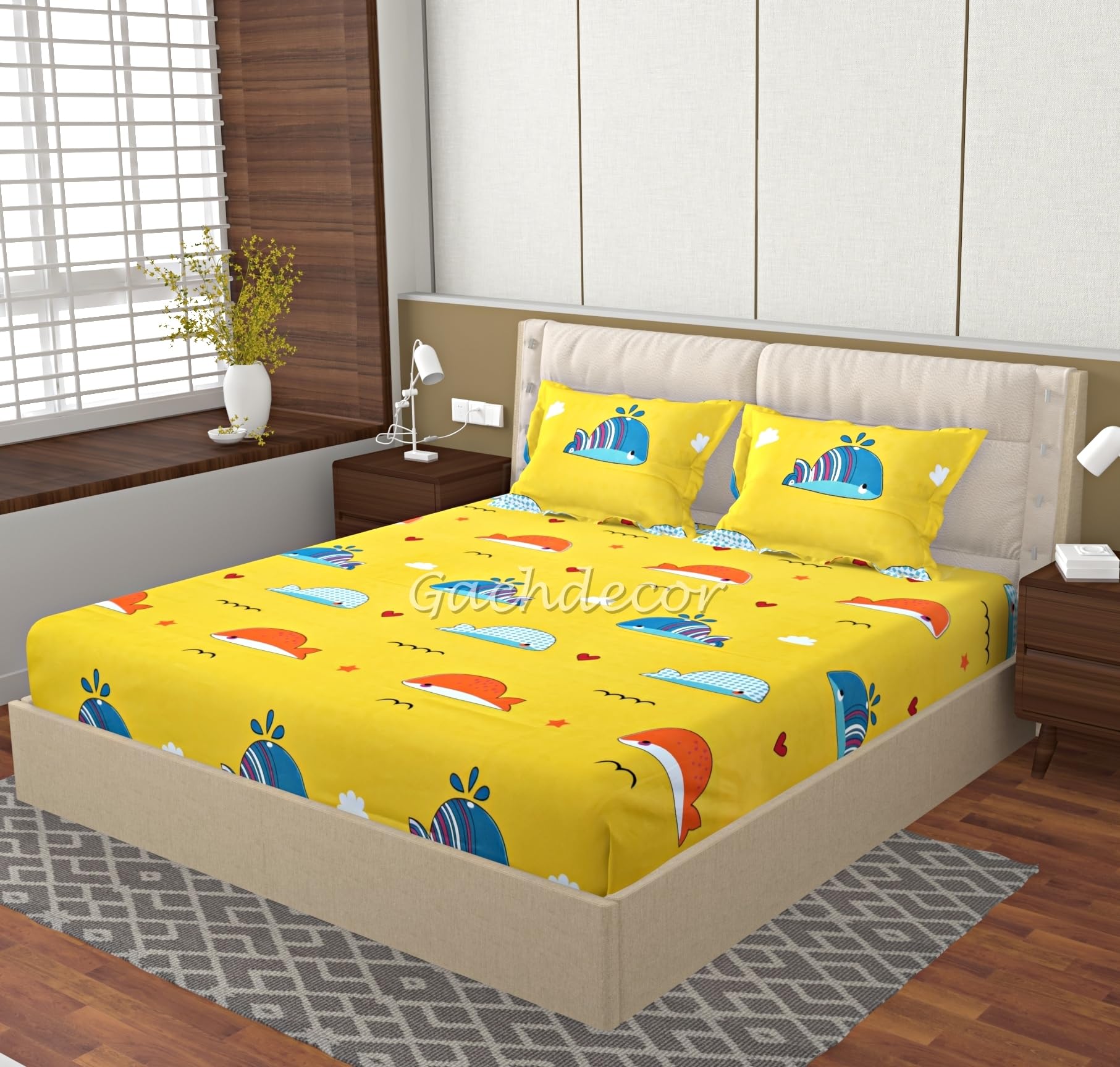 Gachdecor 300TC Breathable Cotton Feel Fabric All Around Elastic Fitted Bedsheets Queen Size, Premium Queen Size Fitted Bedsheets for Double Bed with 2 Pillow Covers, Size 78" x 60", Yellow Fish