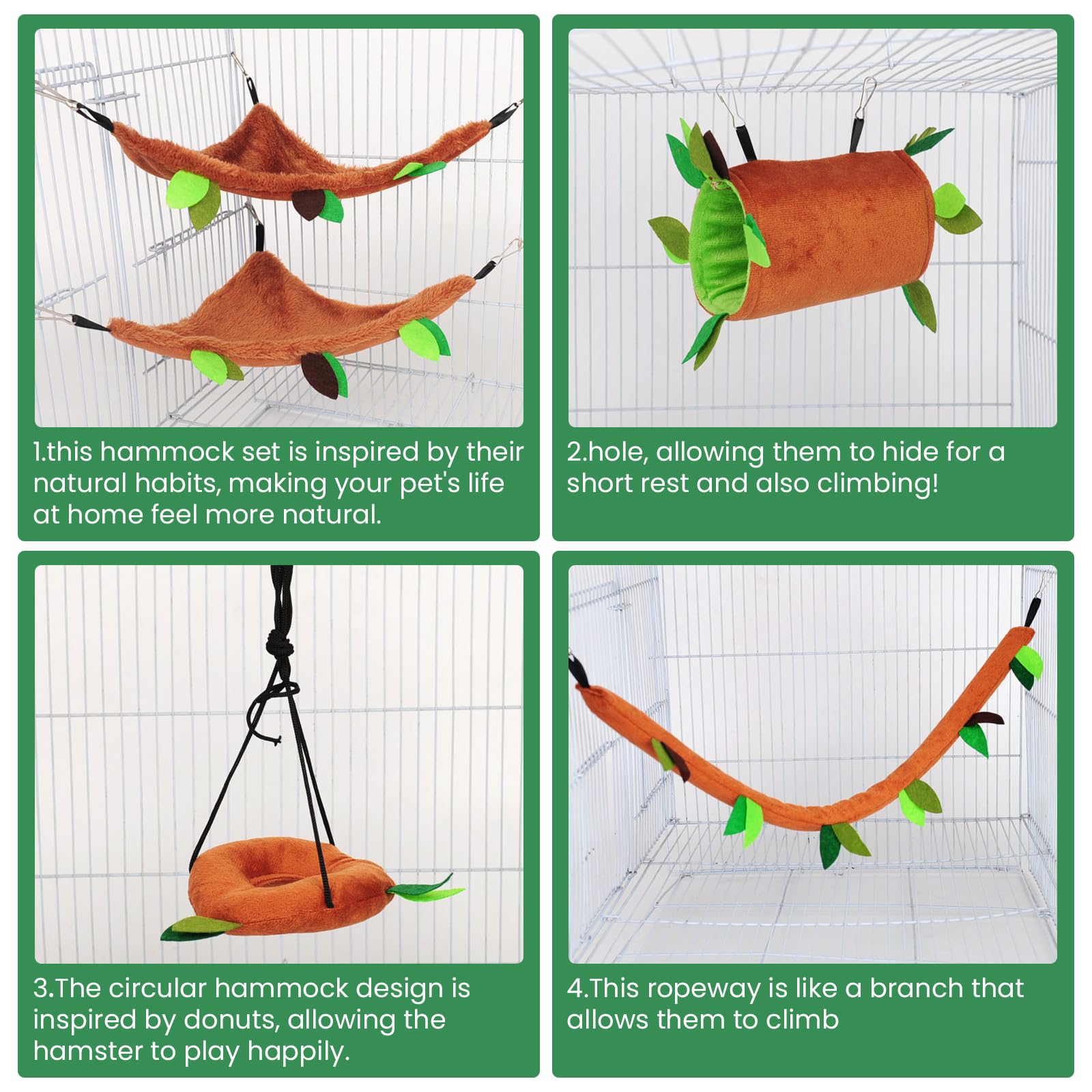 Cooyeah Hamster Hamster, 5 piezas Hamster Dormir Nido Colgante Túnel y Swing para Azúcar Glider Ardilla Jugar Dormir, Azúcar Glider Juguetes Hamster Swing,Jungle Set Camas Cálidas para Animales