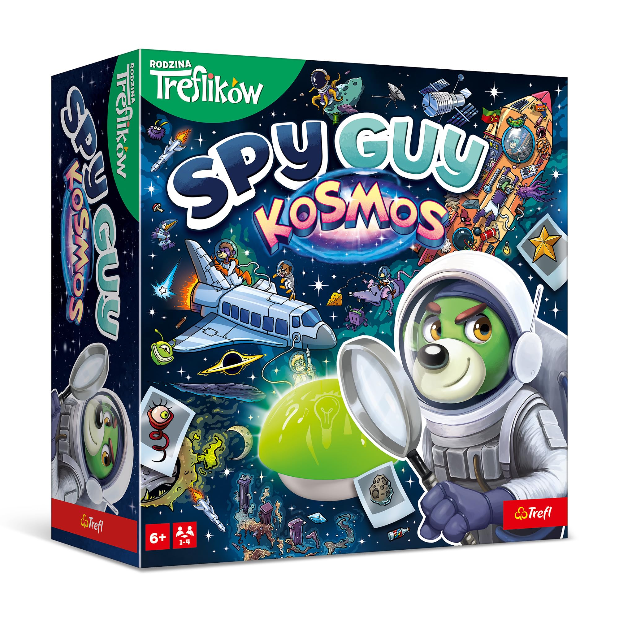 Trefl - Spy Guy Kosmos - Kooperacyjna Gra Obserwacyjna, Elektroniczny Timer, 17 Kształtowych Plansz, Rodzinna Gra Planszowa Dorosłych i Dzieci od 6 lat