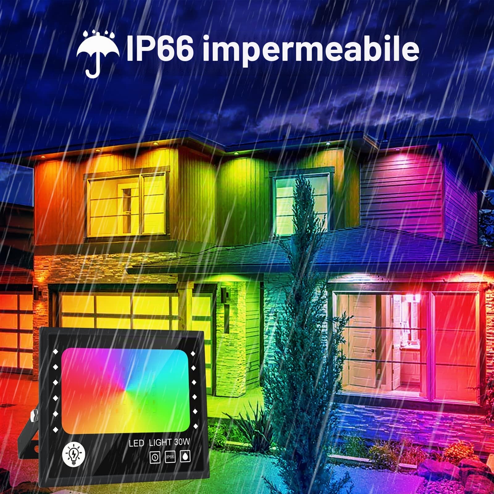 CREATESTAR Faretto LED RGB 30W, Faro Esterno 16 Milioni di Colori 28 Modalità Dimmebili, Impermeabile IP66 Proiettore Con Telecomanda e APP Per Giardino Bar Festa
