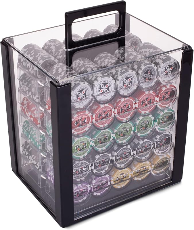 Brybelly Juego de 1000 fichas de póquer con estuche acrílico - Juego de fichas de póquer pesadas de 14 g con 10 bandejas extraíbles y estuche portátil de 11" x 12" x 15" - 8 fichas de casino con incrustaciones texturizadas a rayas