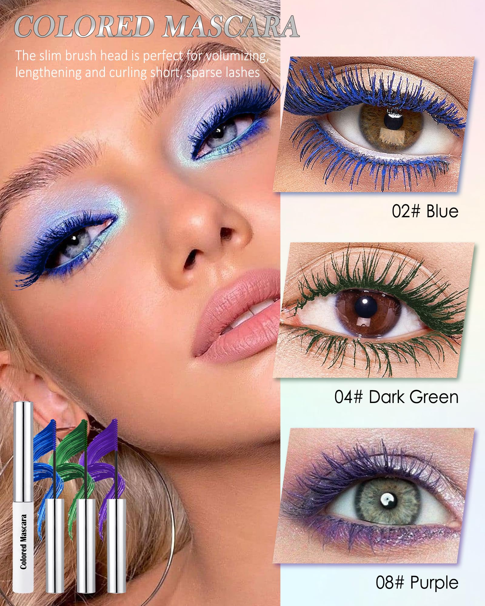 Ultra-Fine Waterproof Mascara for Short Lash 3Pcs Blue Green Purple Colored Mascara Volume & Length - Image 2
