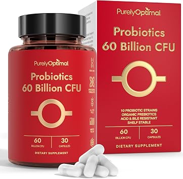 Purely Optimal Probiotics for Digestive Health, 60 Billion CFU Delayed-Release with Digestive Enzymes & Organic Prebiotics Bloating, Immune & Energy Support, 30 Caps