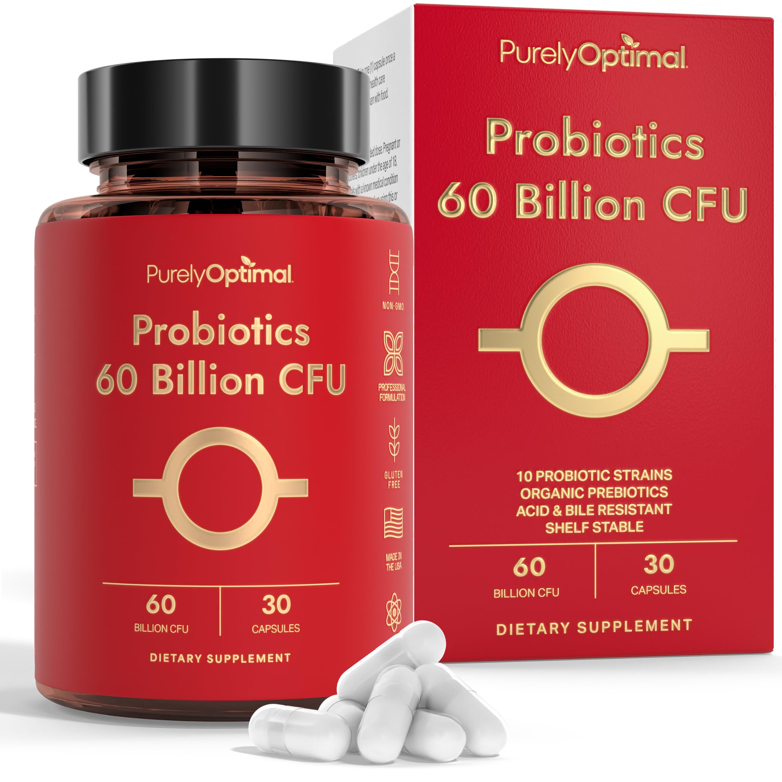 Purely Optimal Probióticos com enzimas e prebióticos, 60 bilhões de UFC, 30 cápsulas