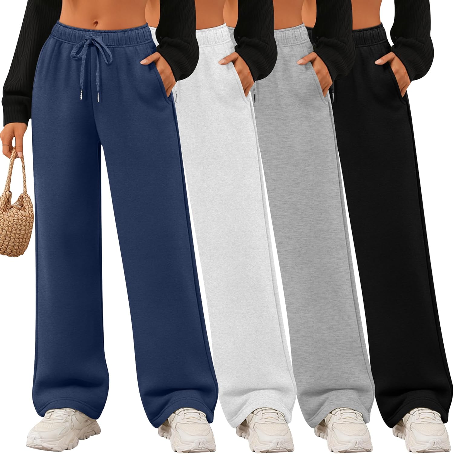 Velvelhall 4 Pack Women's Wide Leg Sweatpants Drawstring Lounge Joggers for Women Straight Pants Elastic Waist with Pockets