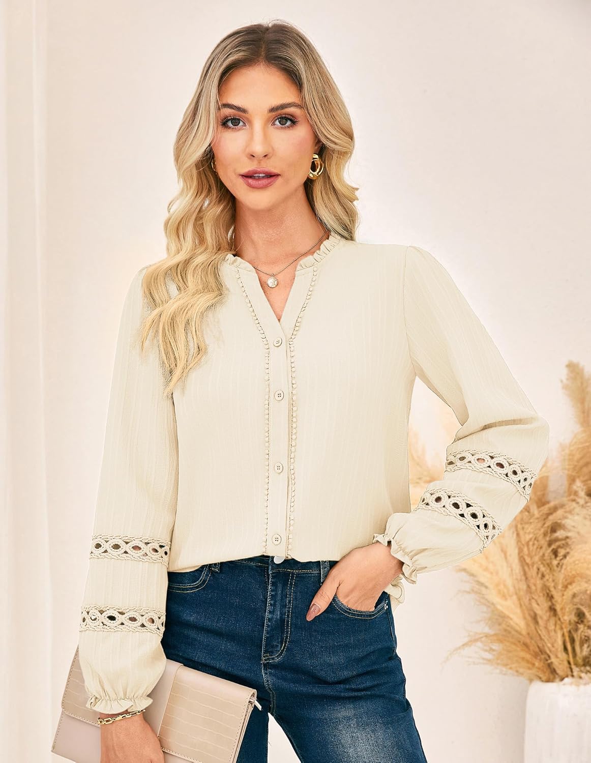 GRACE KARIN Women Dressy Casual Tops,Long Sleeve Button Down Ruffle Blouse,Work V Neck Shirt Summer Spring Business Outfit - Image 2