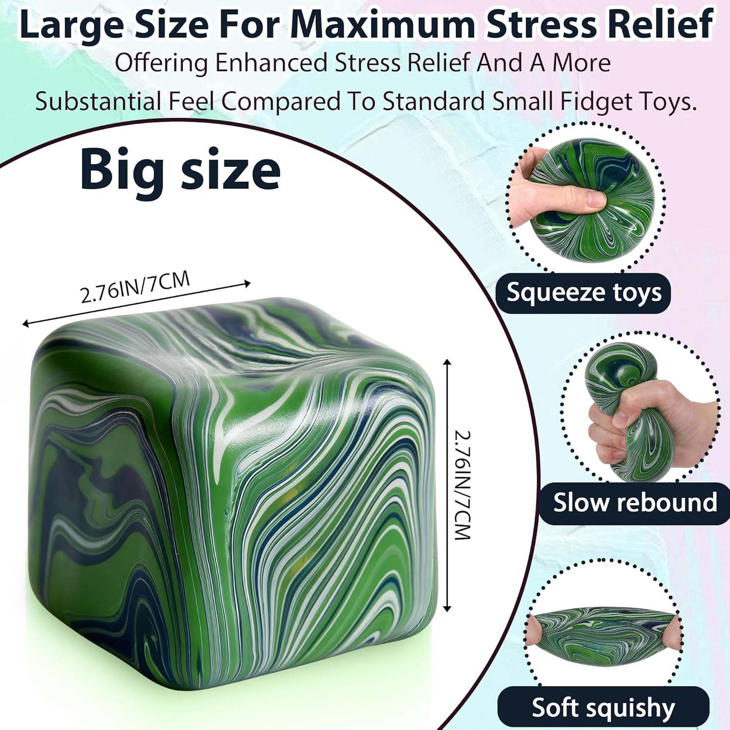 Large Veined Ice Cube Squishy Toy, 7cm (2.76 Inch) Big Stress Cube, Soft Sensory Fidget Toy for Anxiety Relief and Focus for Youth Adults, Squishy Ball (Green)