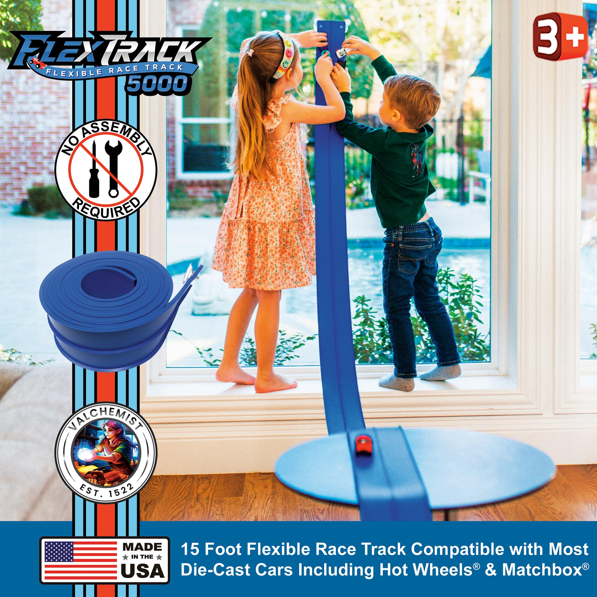 Valchemist FlexTrack 5000 Flexible Race Car Track for Kids Toy with Suction Cups Compatible with Hot Wheels and Diecast 1/64th Cars and More 15 Feet Long Rolls Up Portable Racetrack (Racing Blue)