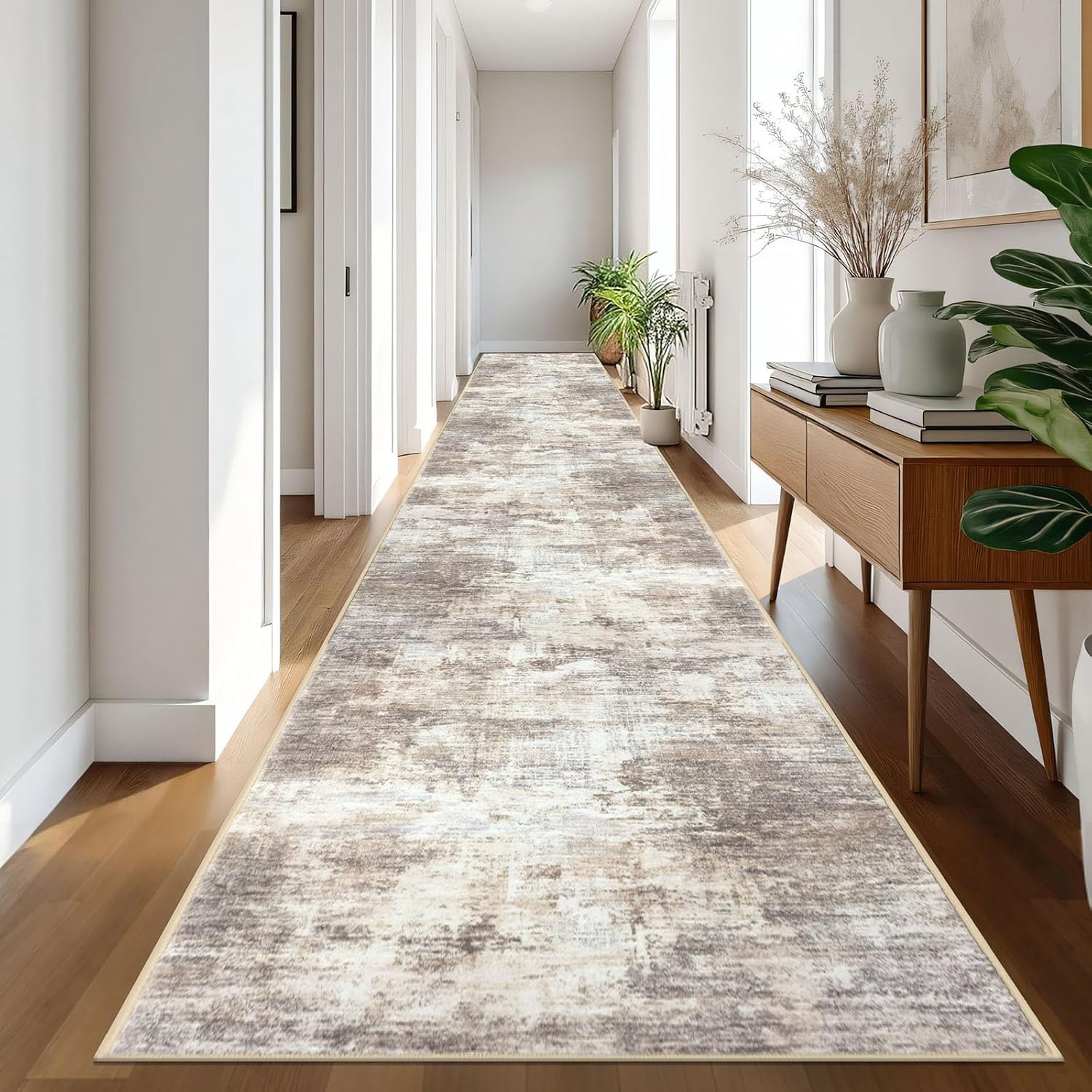 IOHOUZE Abstract Runner Rug 3x20 Ft Extra Long Washable Runners for Hallways, Non Slip Kitchen Runner Printed Faux Wool Entryway Runner Indoor, Modern Abstract Floor Carpet for Hall Stair, Beige Brown - Image 8