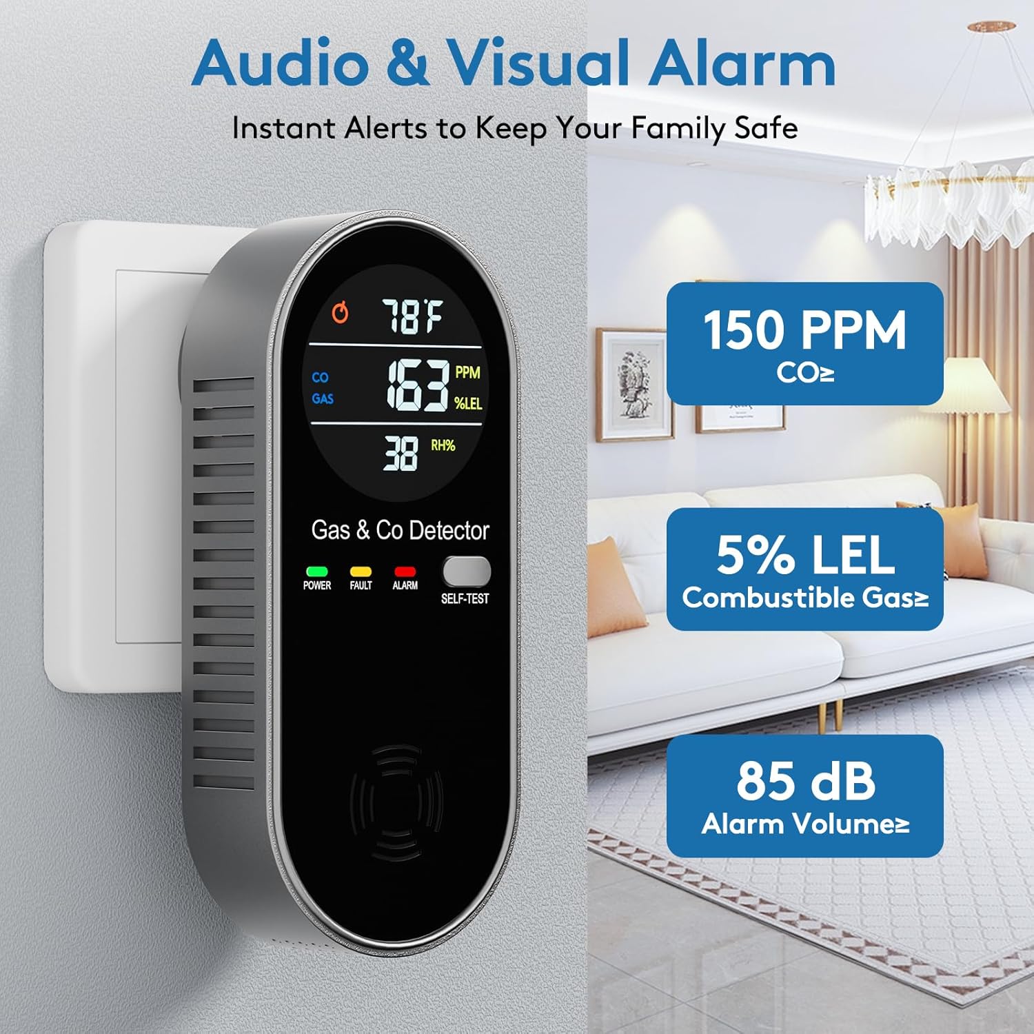 4-in-1 Plug in Combination Gas & Carbon Monoxide Detector, CO Alarm with Fahrenheit(°F) & Humidity LCD Display for Home and Travel (1 Pack) - Image 2