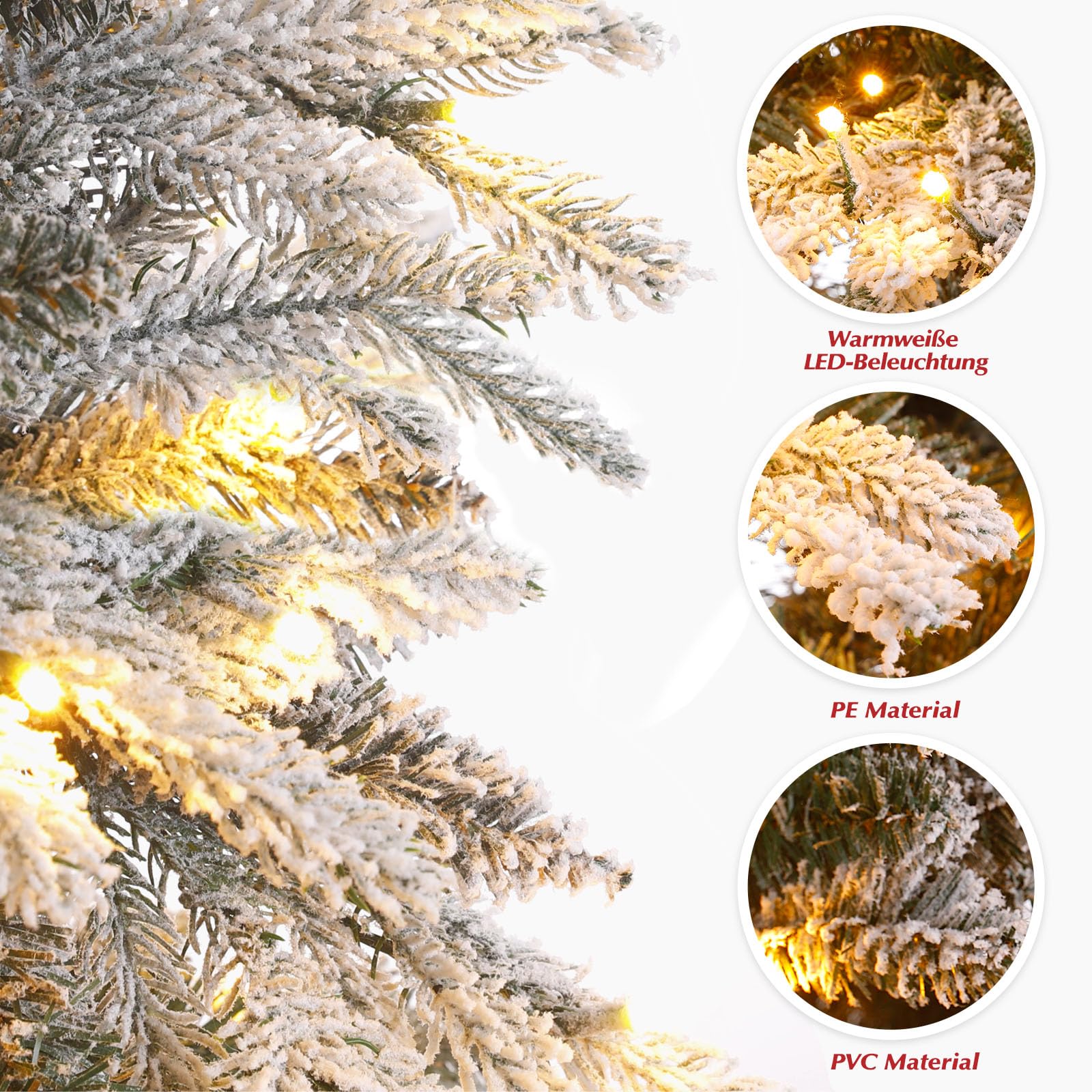 Yorbay Künstlicher Weihnachtsbaum mit Beleuchtung Schneeflocken: 210cm Hoch | Weiß Schnee LED Tannenbaum für Weihnachten Dekoration Wohnzimmer - Premium Weihnachtsbaum aus PE&PVC - Stabiler Metallständer
