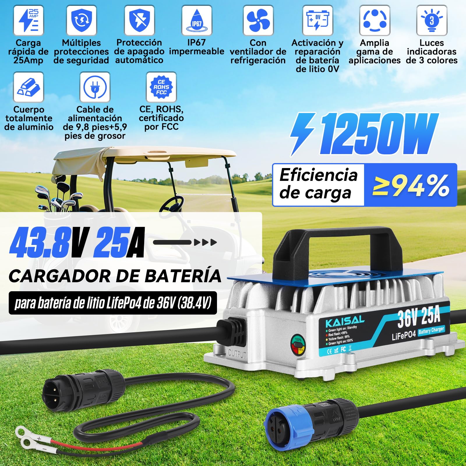KAISAL 43.8V 25A Cargador de Bateria Litio, Cargador para 36V/38.4V Bateria LiFePO4, Cargador de Bateria Litio IP67 Impermeable,Carga Inteligente Automática,Función de Protección de Seguridad
