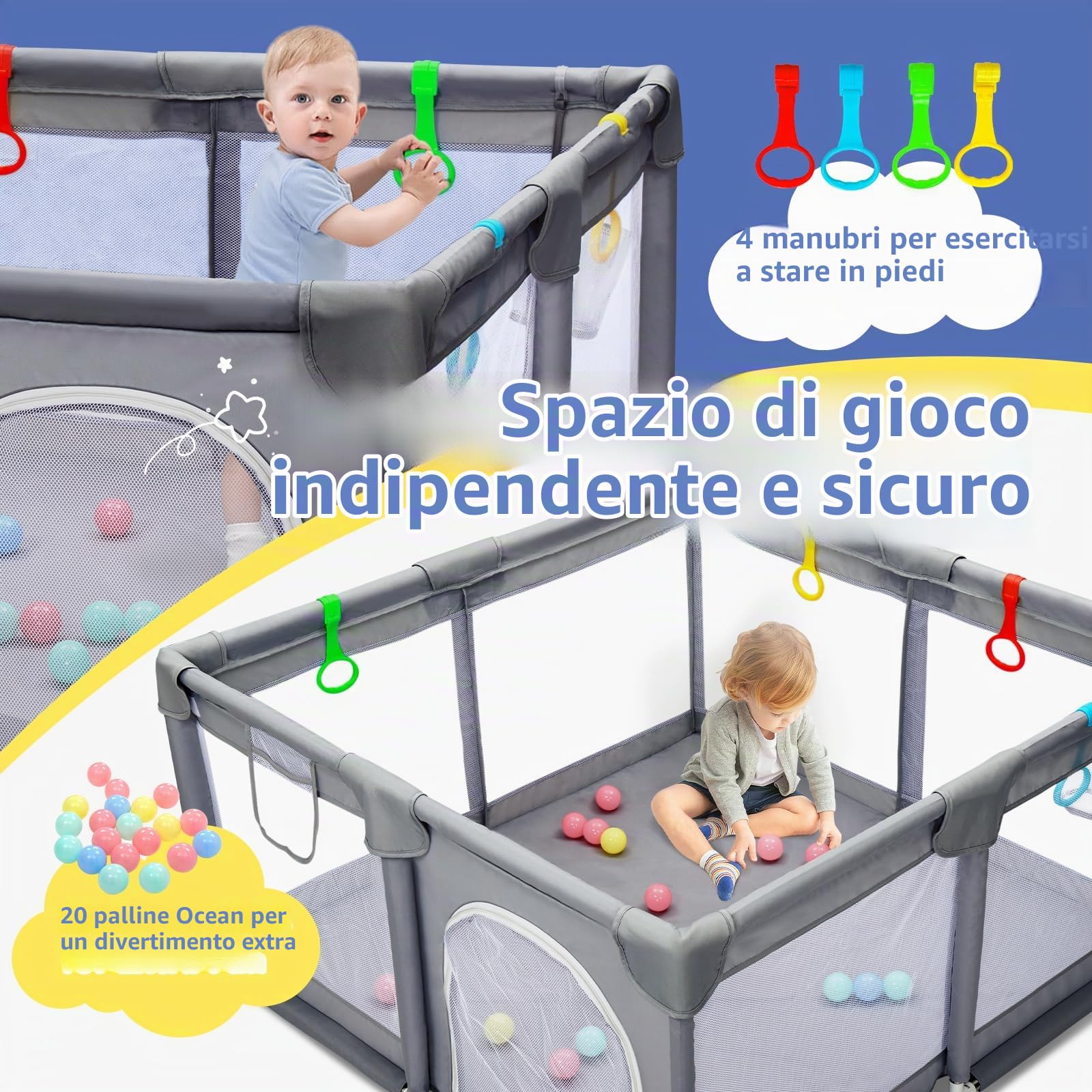 CHOLY Playpen for Baby and Toddlers, Durable Play Pen with Visible Breathable Mesh, Foam Protection, Easy to Assemble Infant Fence -128 × 128 cm (grigio scuro, 128 x 128 cm)
