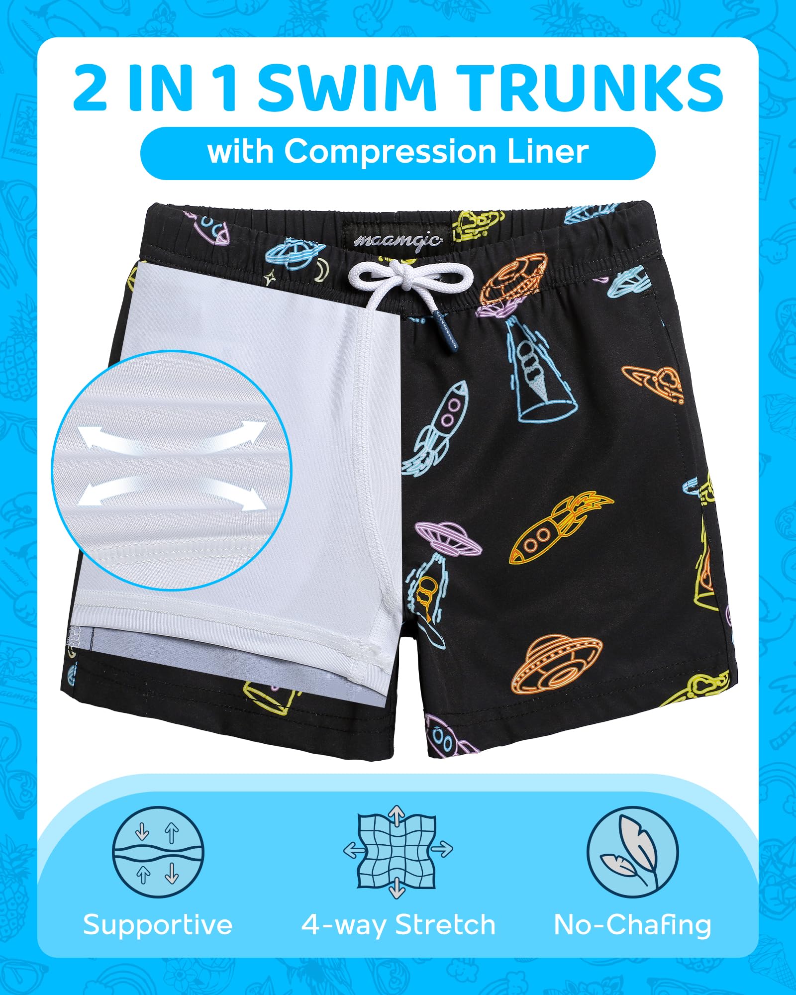 maamgic Costume da bagno per ragazzi con fodera a compressione, elasticizzato in 4 direzioni, ad asciugatura rapida, pantaloncini da spiaggia per bambini