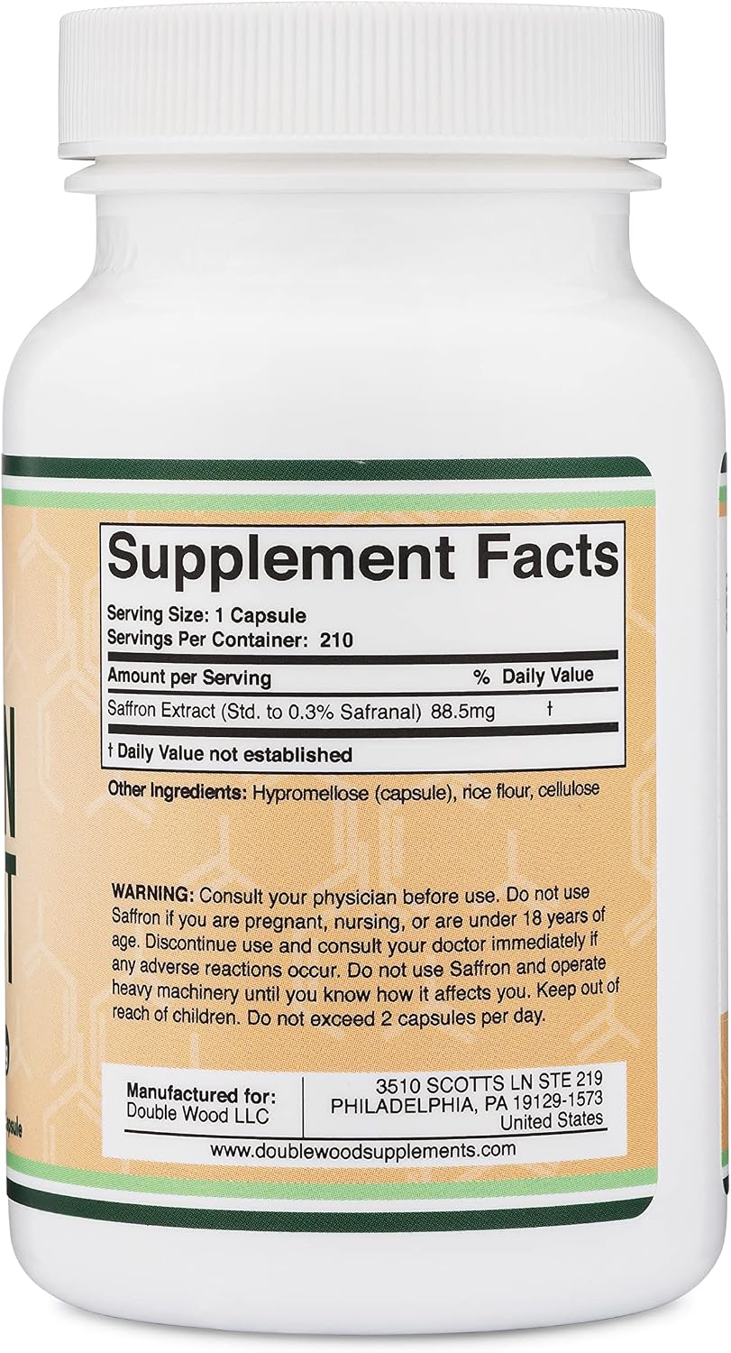 Saffron Supplement for Focus - Saffron Extract 88.5mg Vegan Capsules (210 Count) Minor Appetite Suppressant for Healthy Weight Management (Supports Eye, Retina, and Lens Health) by Double Wood