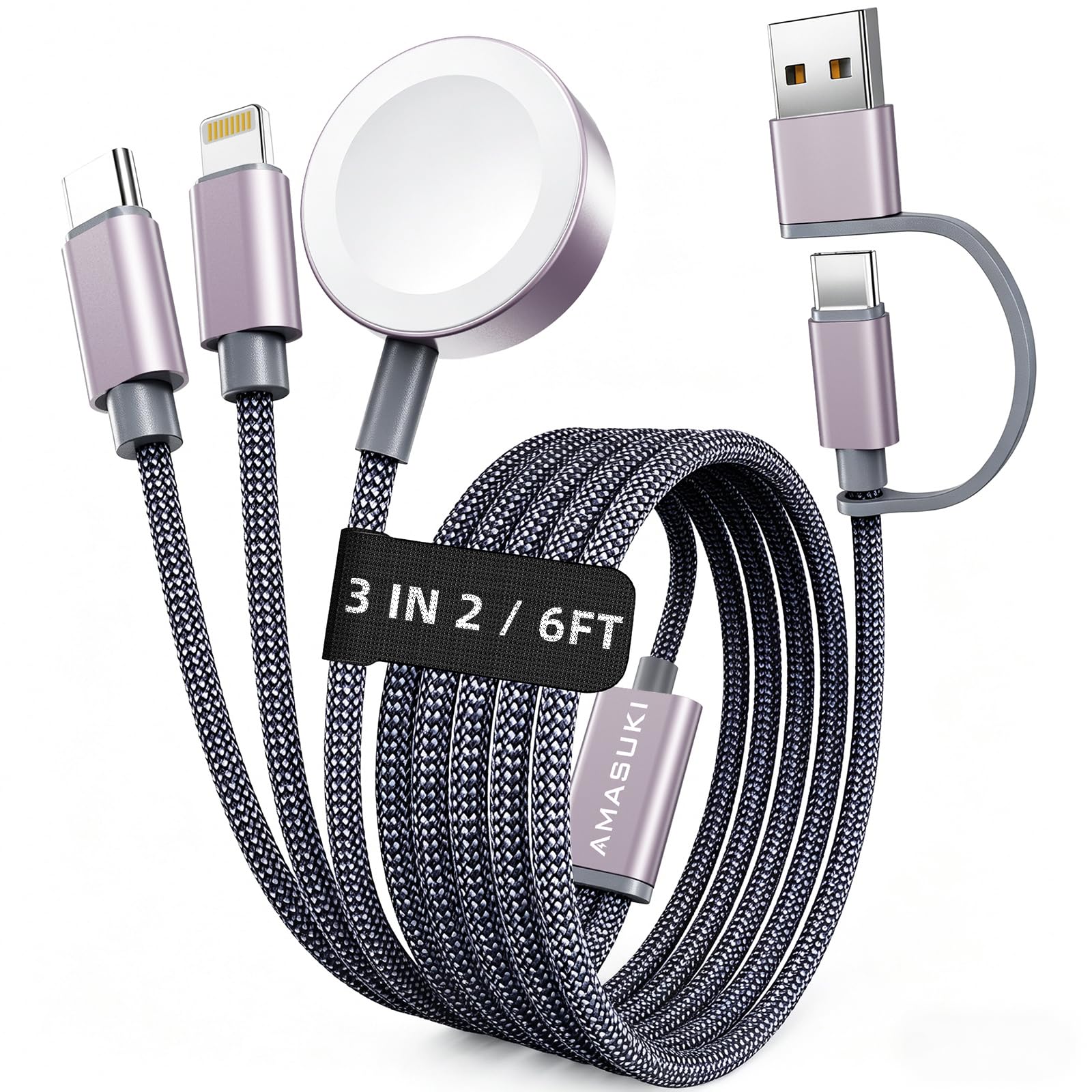 Photo 1 of Amasuki 3-in-2 USB-C Charging Cable, Grey, 6ft