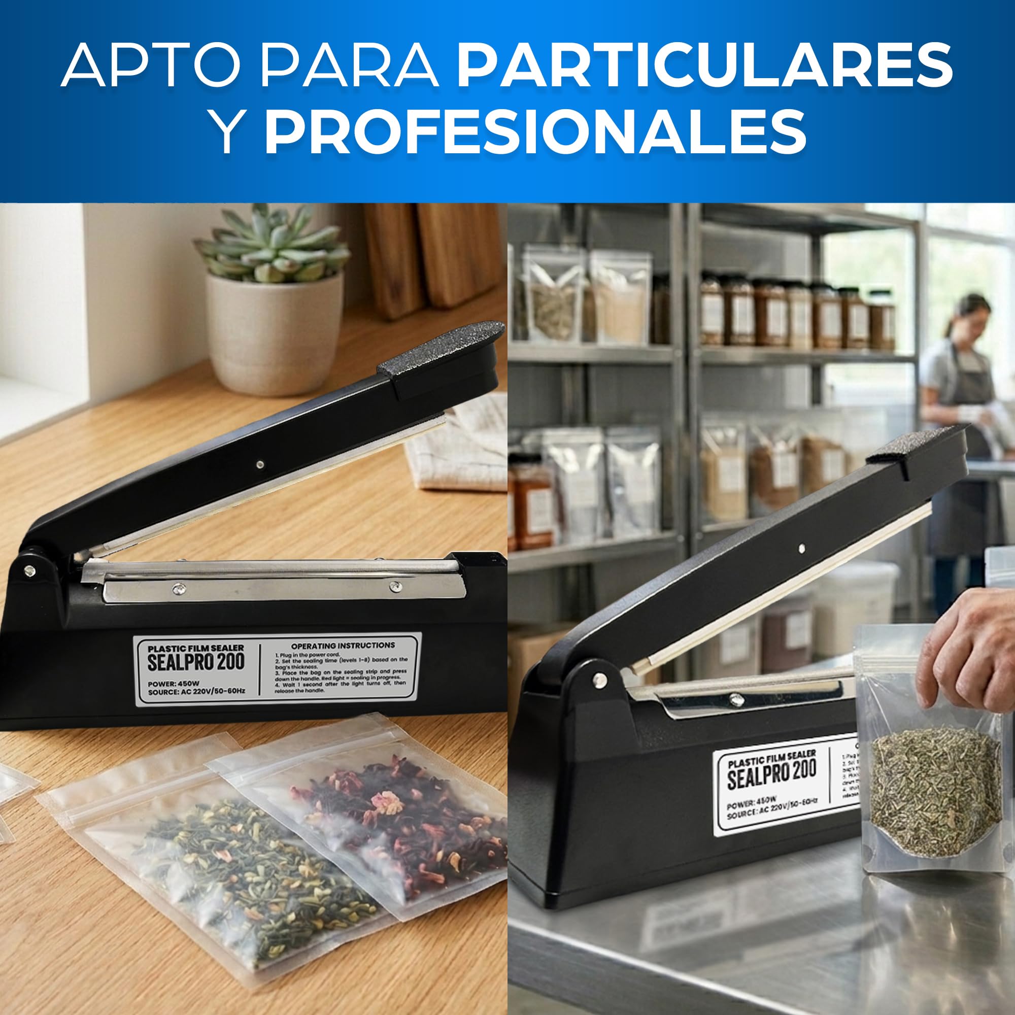 Máquina de sellado de 200 mm, sellador térmico profesional para bolsas de plástico, aluminio, kraft - termoselladora con 8 resistencias