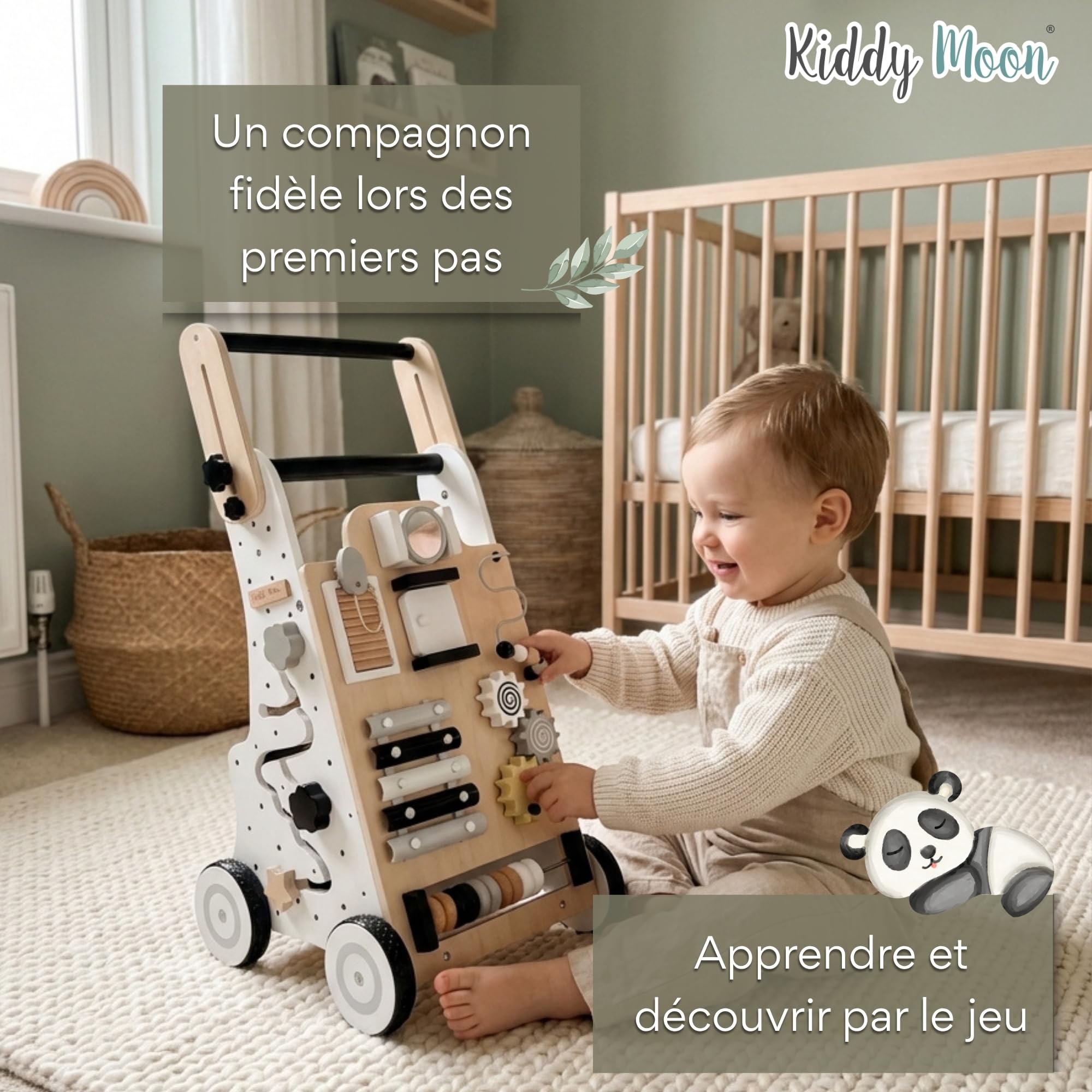 KiddyMoon Trotteur Avec Un Tableau D'activité, Bois Chariot De Marche Pour Bébé Multifonctionnel WK-001, Noir-Blanc