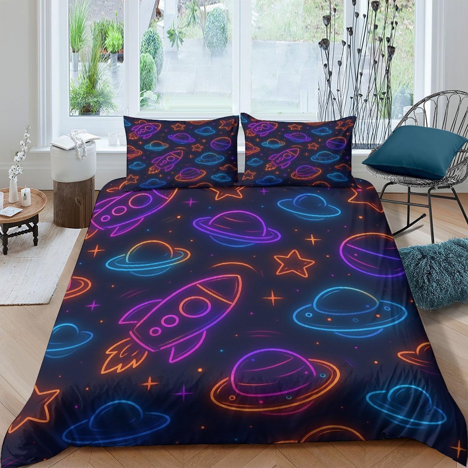 Ctjqhvkz Style-7 3D Printed Neon Rocket Fitted Sheet Microfiber Soft Blue Orange Planet Mattress Cover For Bedroom Dorm Single（135X200cm）