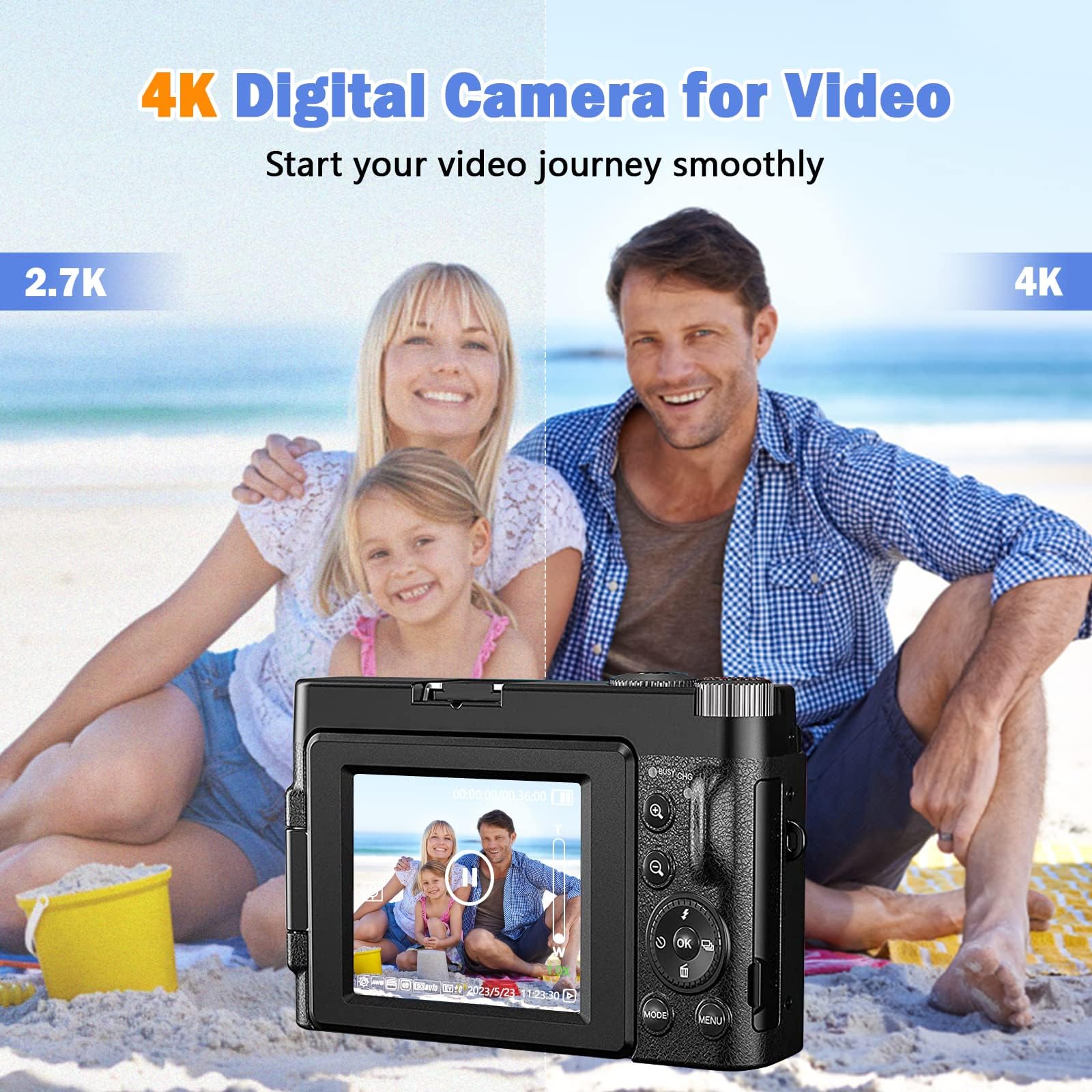 CCN Appareil Photo numérique 4K 48MP, avec 180° Flip 3.0" écran, 16X Zoom numérique Appareil Photo Compact avec Objectif Grand Angle et Macro, 64GB TF Carte, WiFi, Version de Mise à Niveau, Noir