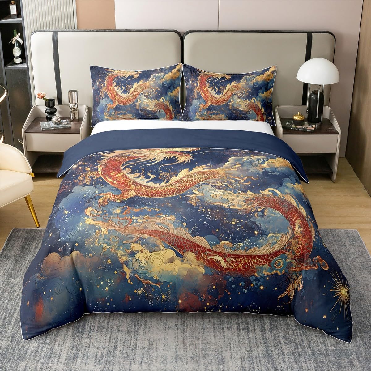Orientalischer Drache 100% Baumwolle Bettbezug 155x220 Roter Chinesischer Drache Bettwäsche Set Goldstaub Dekoratives Tröster Abdeckung Asiatisches Ozean Thema Weiches Traditinales Tier Bett Set