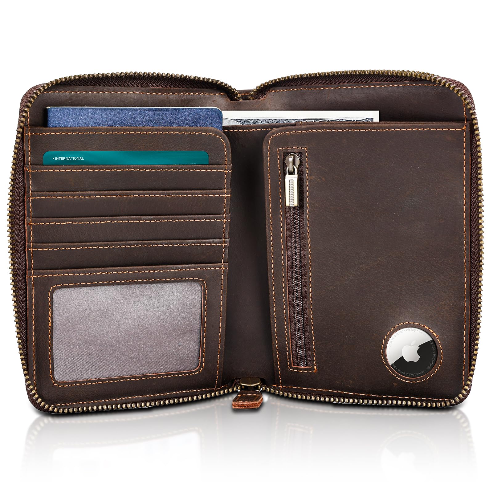 Polare Full Grain Leather Travel Passport Wallet with YKK Zipper and RFID Blocking Document Organizer Holder 2 Passports (Dark Brown with AirTag Slot)