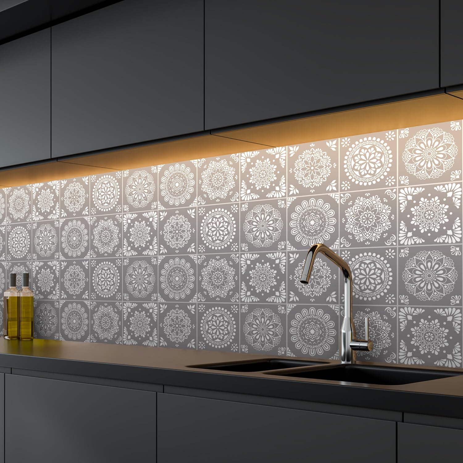 Alwayspon 24PcsX20cm/8inch Mandala Vinyl Wall Tile Sticker Transfer, Waterproof Sticky Back Tile Sticker for Kitchen Bathroom Self-adhesive Peel and Stick PVC Stick on Tile, Grey T62