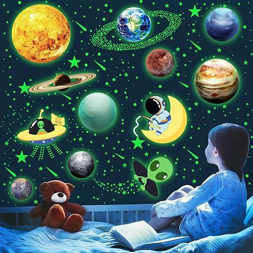 Miniatura 2 de MORCART Calcomanías de pared que brillan en la oscuridad, estrellas y sistema solar, 457 unidades, incluyendo sol y 12 planetas, astronautas y