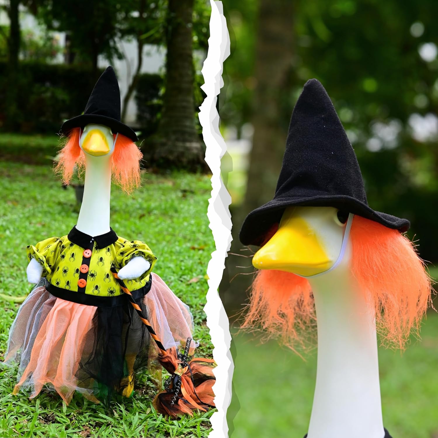 Halloween Witch Porch Goose Outfit for 23" Lawn Goose Statue, Porch Goose Costume, Fall Porch Goose Clothes, Orange Hair, Spider Dress, Tulle Skirt & Broom, Halloween Décor (Witch Costume Orange)