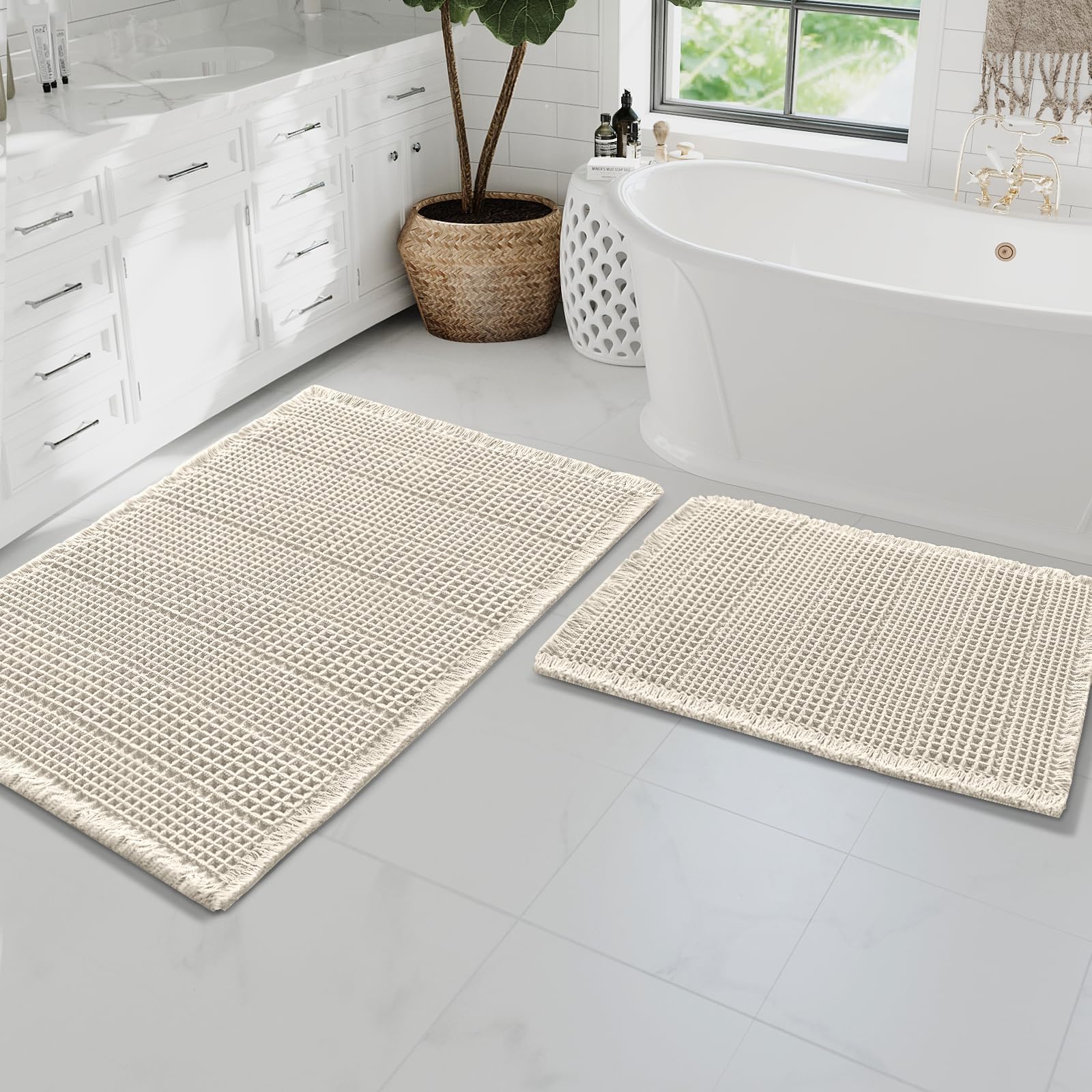 Waffle Bath Mat Super Absorbent Bathroom Mats Non Slip Bath Rugs for Bathroom Floor Machine Washable Ultra Soft Bathroom Rugs for Beside Tub, (32 x 20 Plus 24 x 17 - Inches, Ivory)