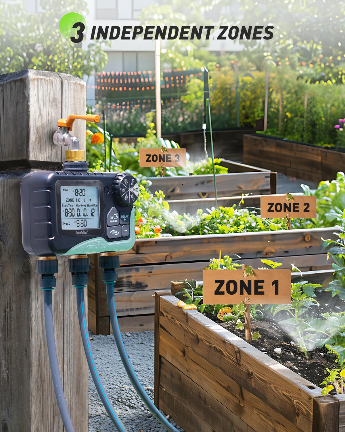 RAINPOINT Timer dell'acqua a 3 zone con ingresso e uscita in ottone, 3 piani di irrigazione personalizzati, con impermeabilità IP65, ritardo pioggia, irrigazione manuale e automatica con ampio LCD per