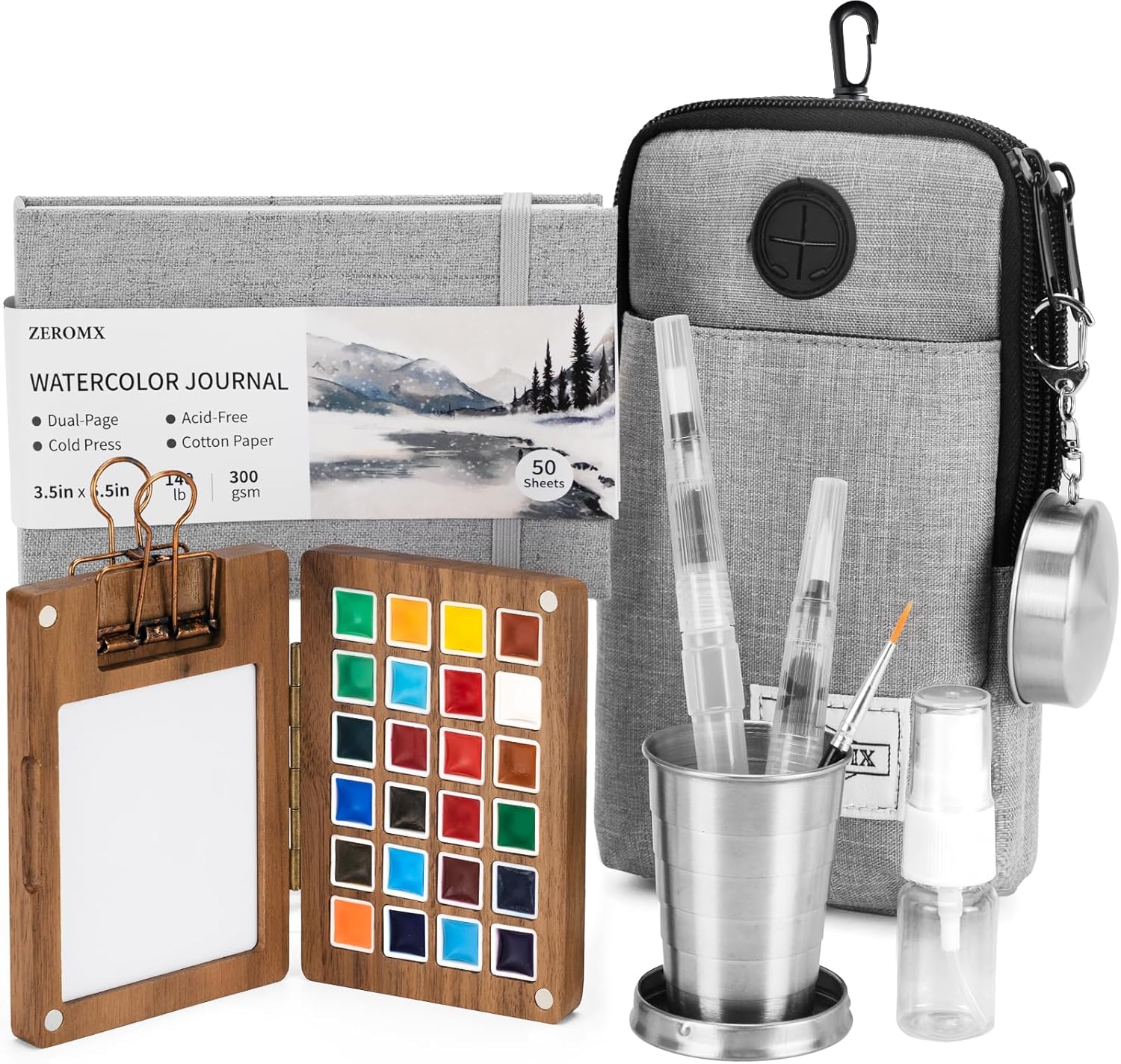 Mini Watercolor Paint Set, 24 Colors Mini Watercolor Travel Set, Pocket Travel Paint Kit with Watercolor Palette, Crossbody Bag, Watercolor Journal, Metal Clip, Water Cup, Spray Bottle, Water Brushes